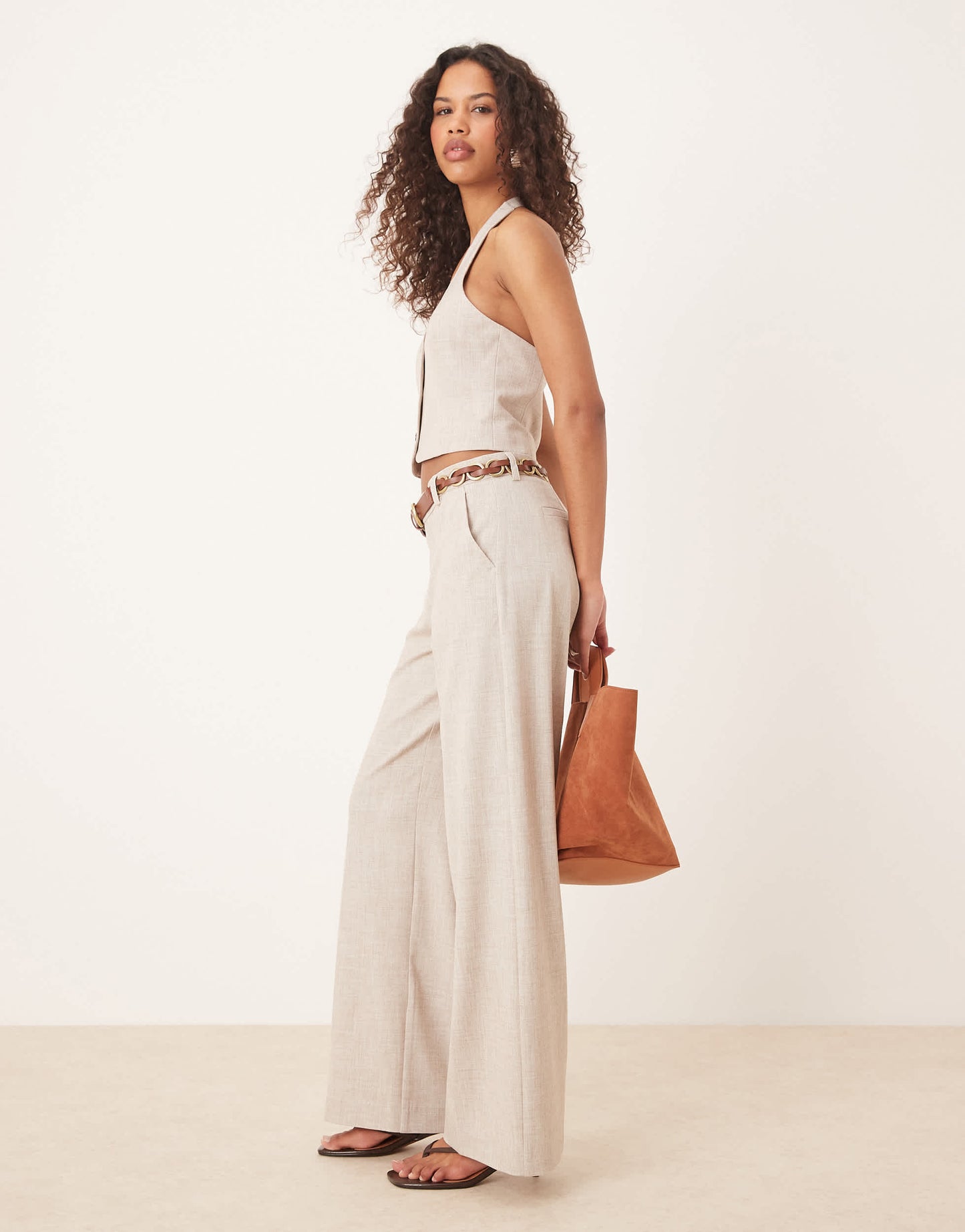 Gina Tricot mix and match co-ord wide leg suit tailored trousers in beige melange