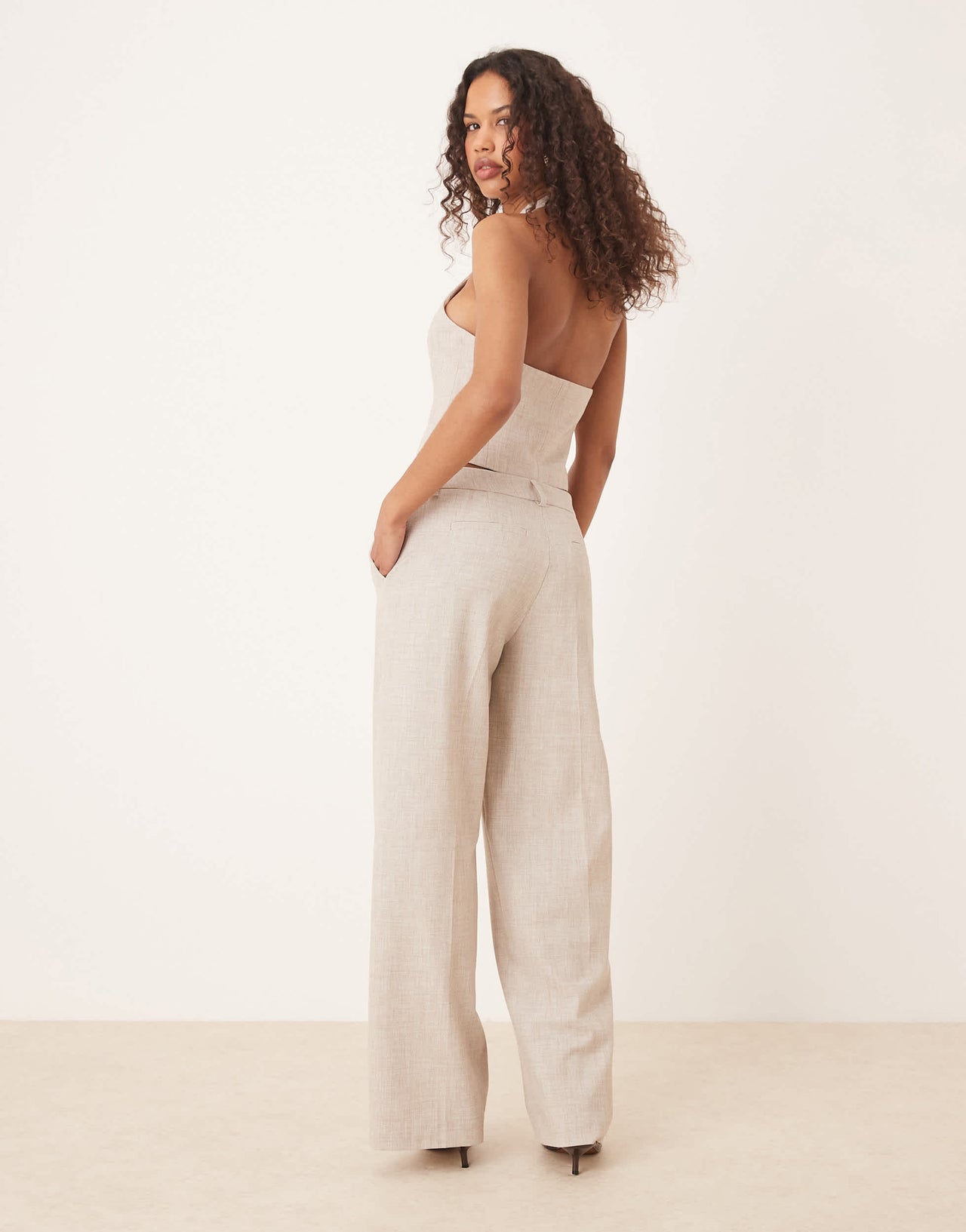 Gina Tricot mix and match co-ord wide leg suit tailored trousers in beige melange