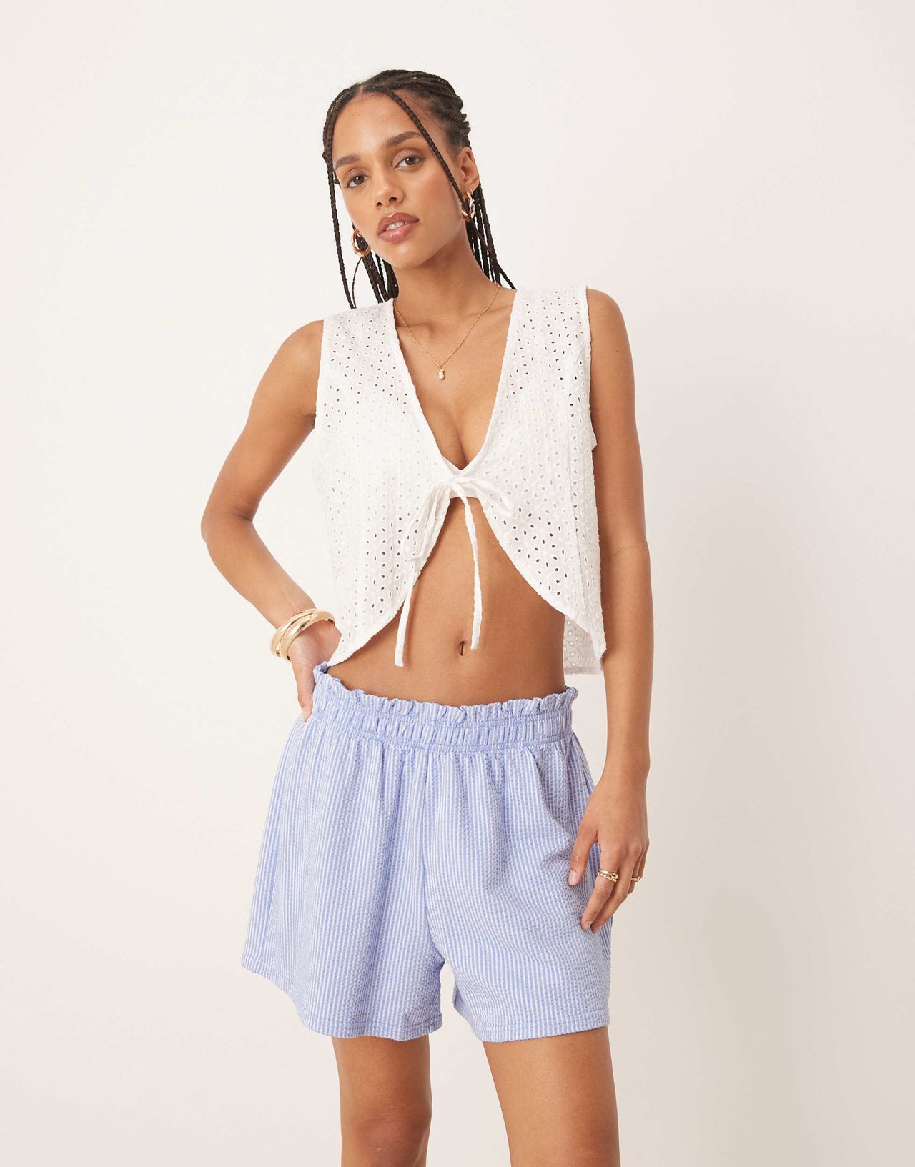 Gina Tricot seersucker shorts in blue check