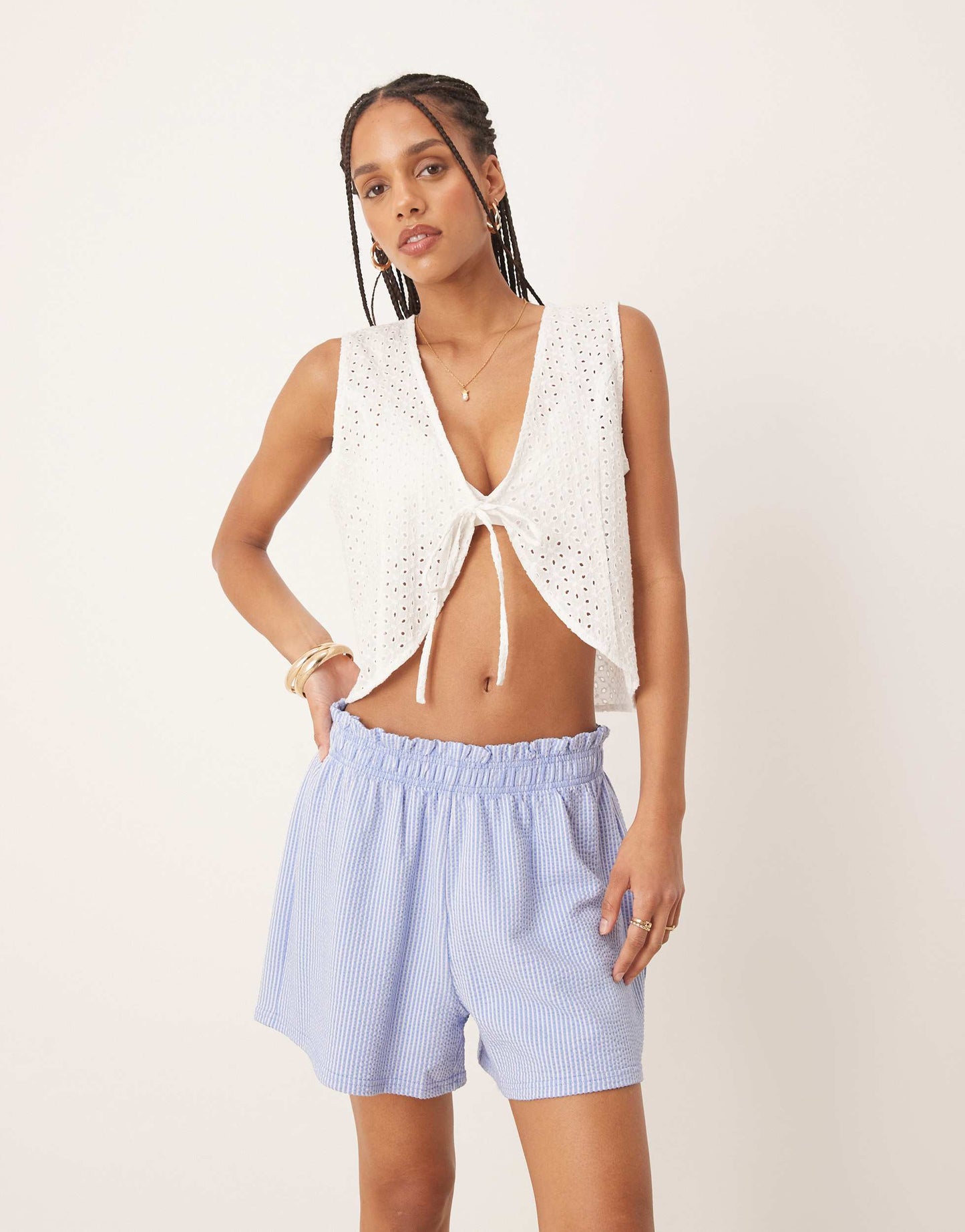 Gina Tricot seersucker shorts in blue check