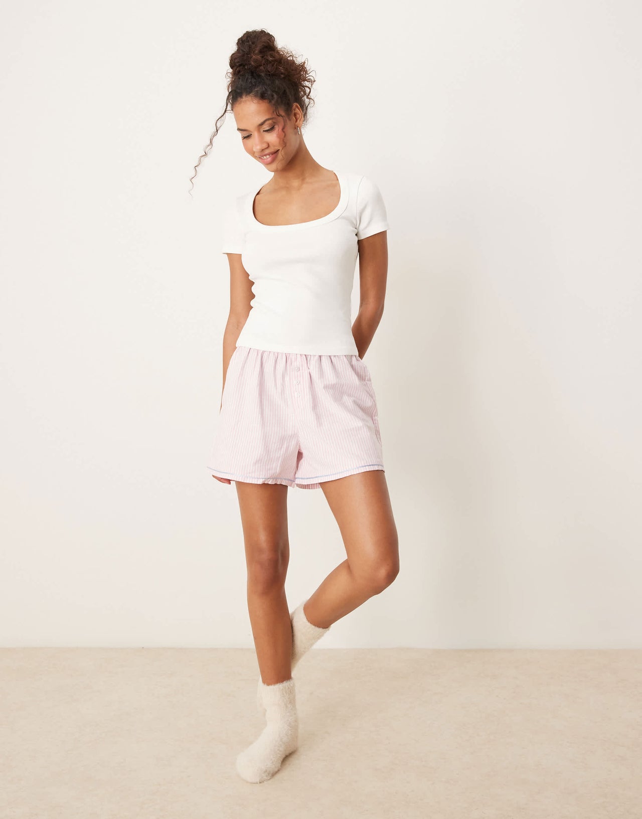 Gina Tricot scoop neck slim fit short sleeve rib top in white
