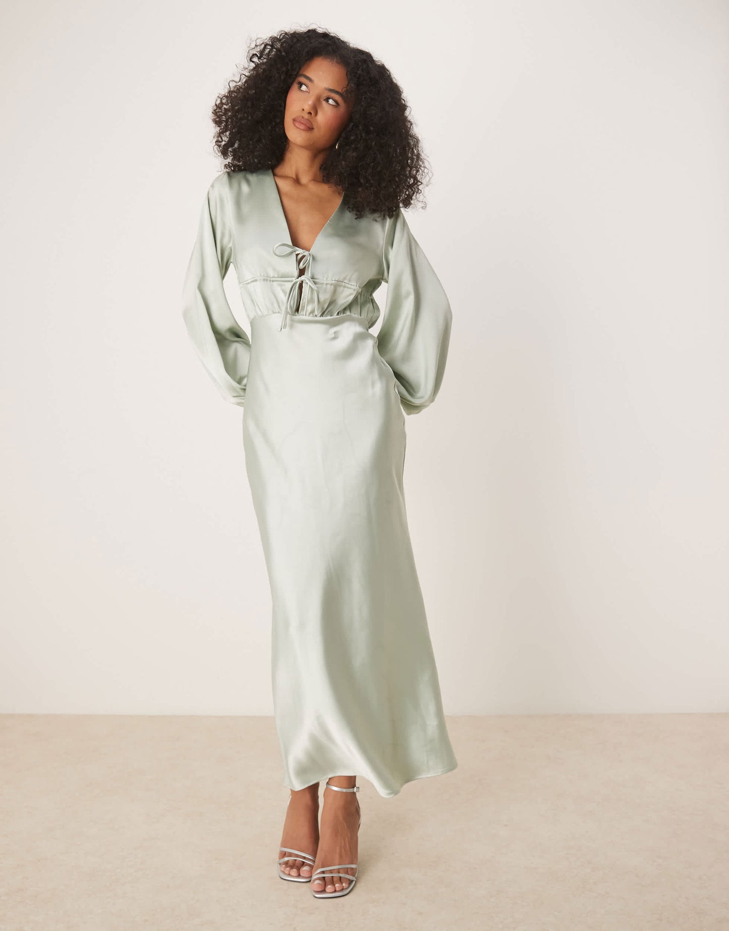 Gina Tricot satin long sleeve midi v neck tie front ruched detail in light green