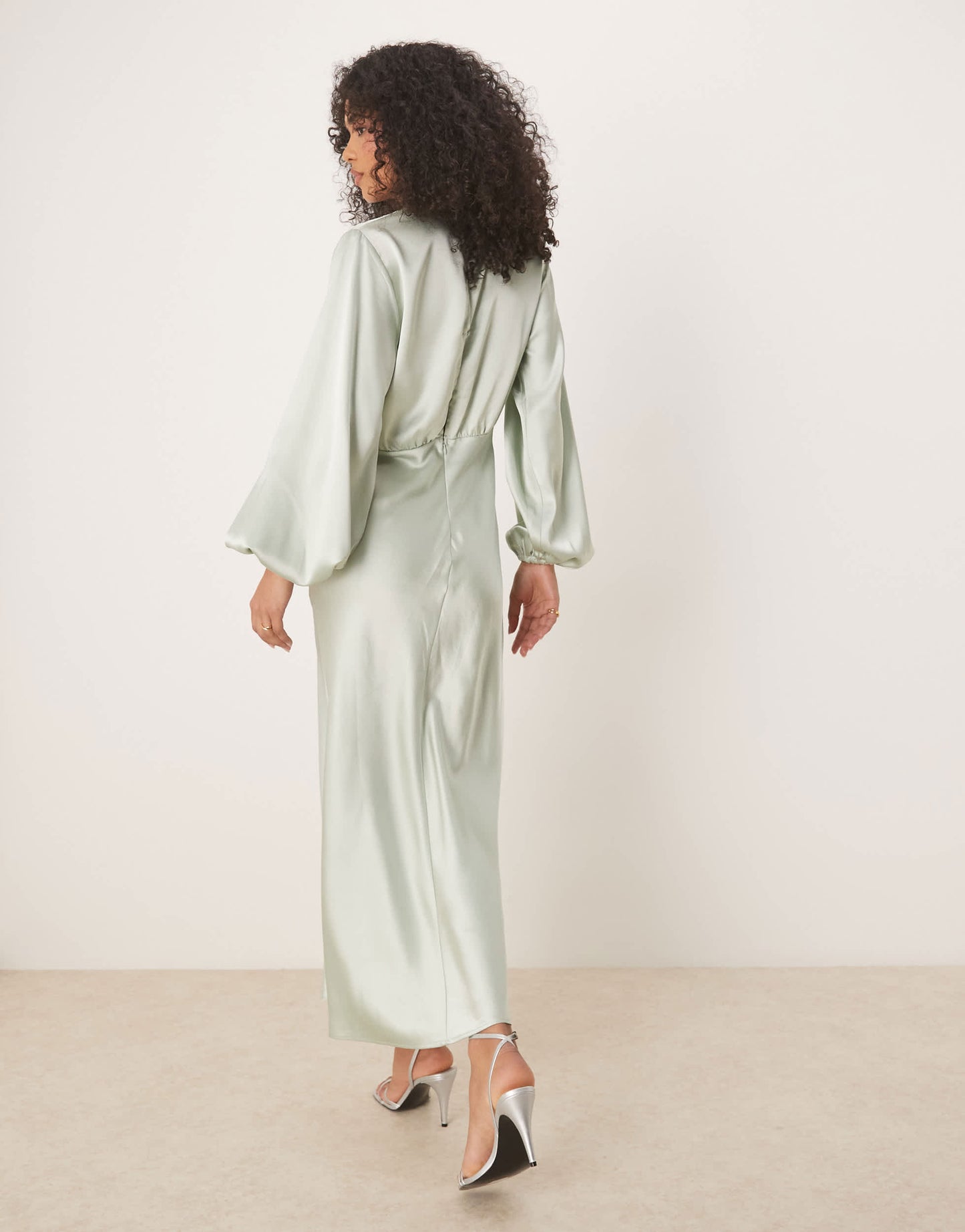 Gina Tricot satin long sleeve midi v neck tie front ruched detail in light green