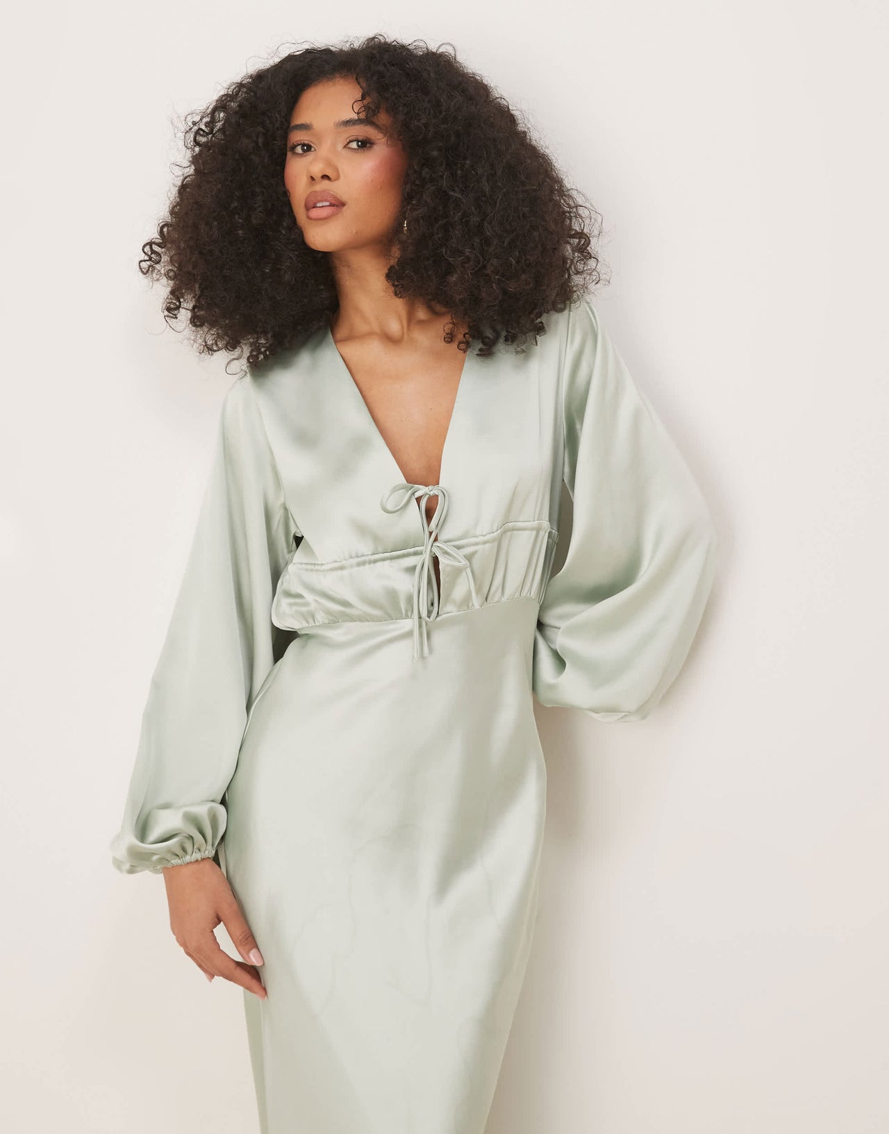 Gina Tricot satin long sleeve midi v neck tie front ruched detail in light green
