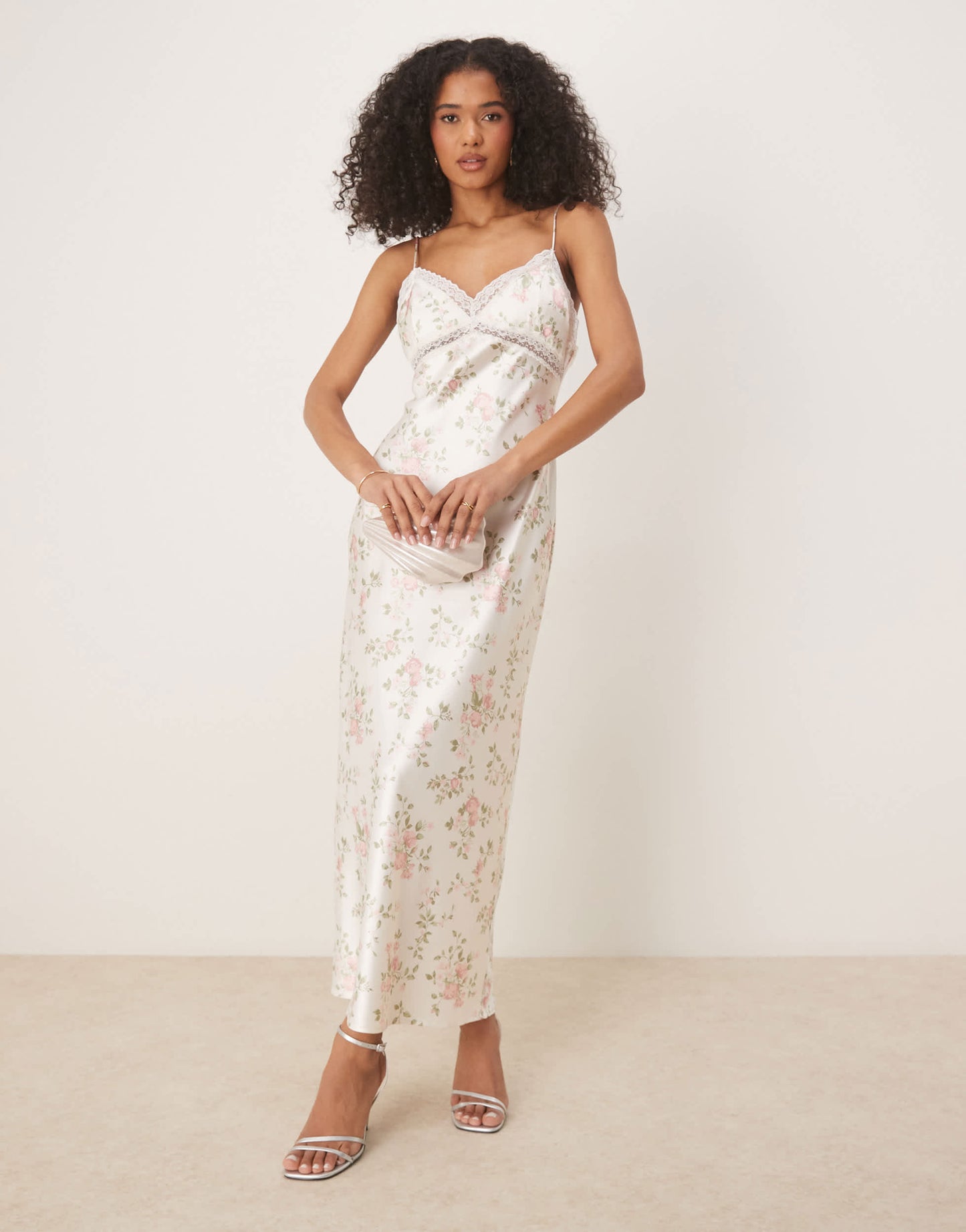 Gina Tricot satin floral maxi dress with lace trim in white floral