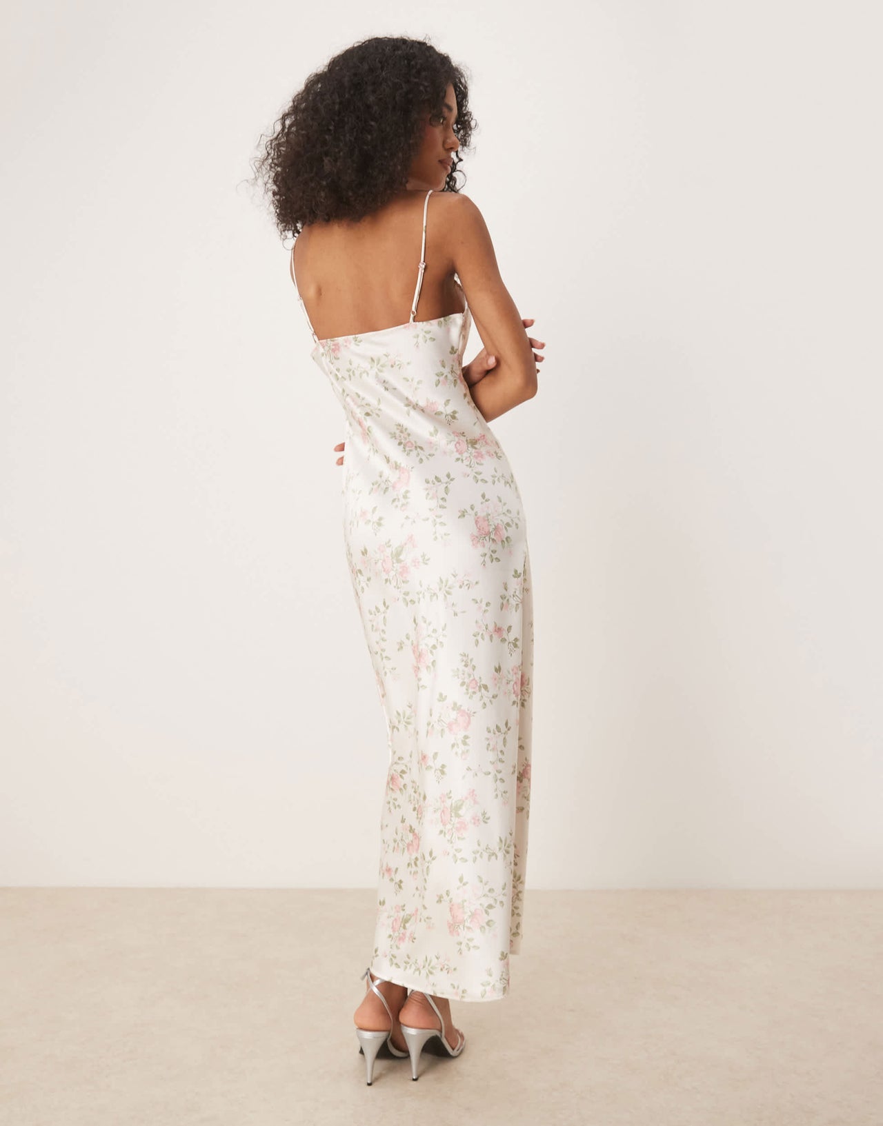 Gina Tricot satin floral maxi dress with lace trim in white floral