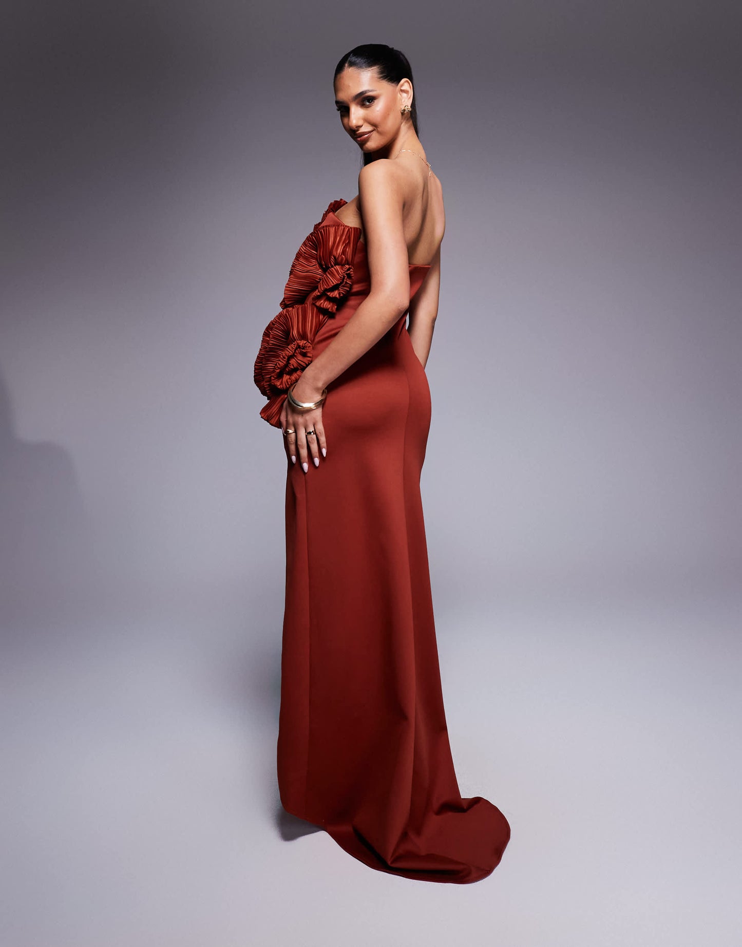 ASOS DESIGN  bandeau maxi dress with plisse ruffle fan detail in rust in scuba-style fabric