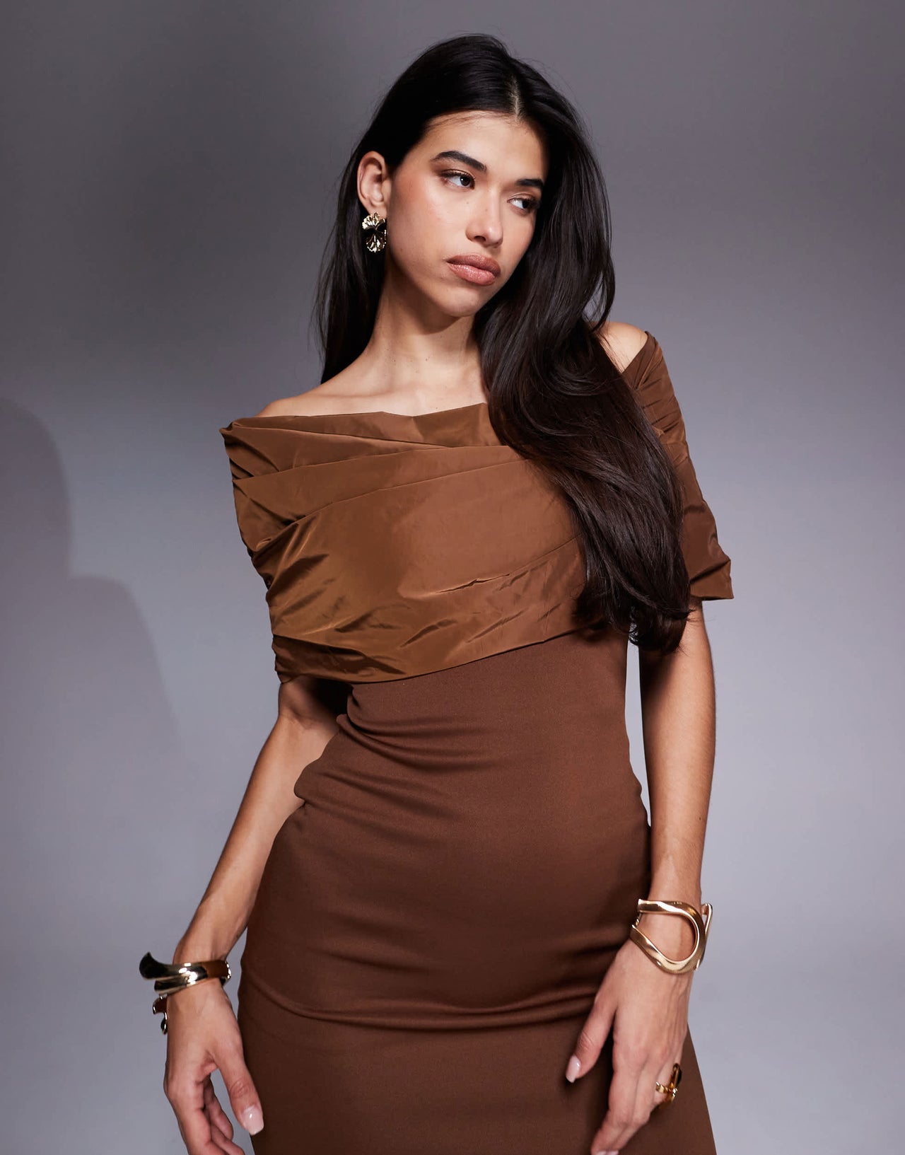 ASOS DESIGN bardot manipulated taffeta bodice detail midi dress in mocha
