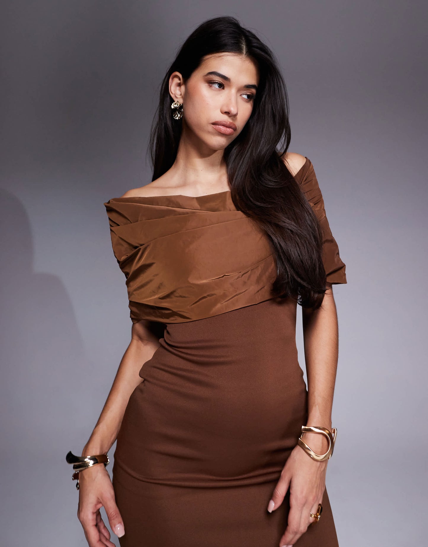 ASOS DESIGN bardot manipulated taffeta bodice detail midi dress in mocha