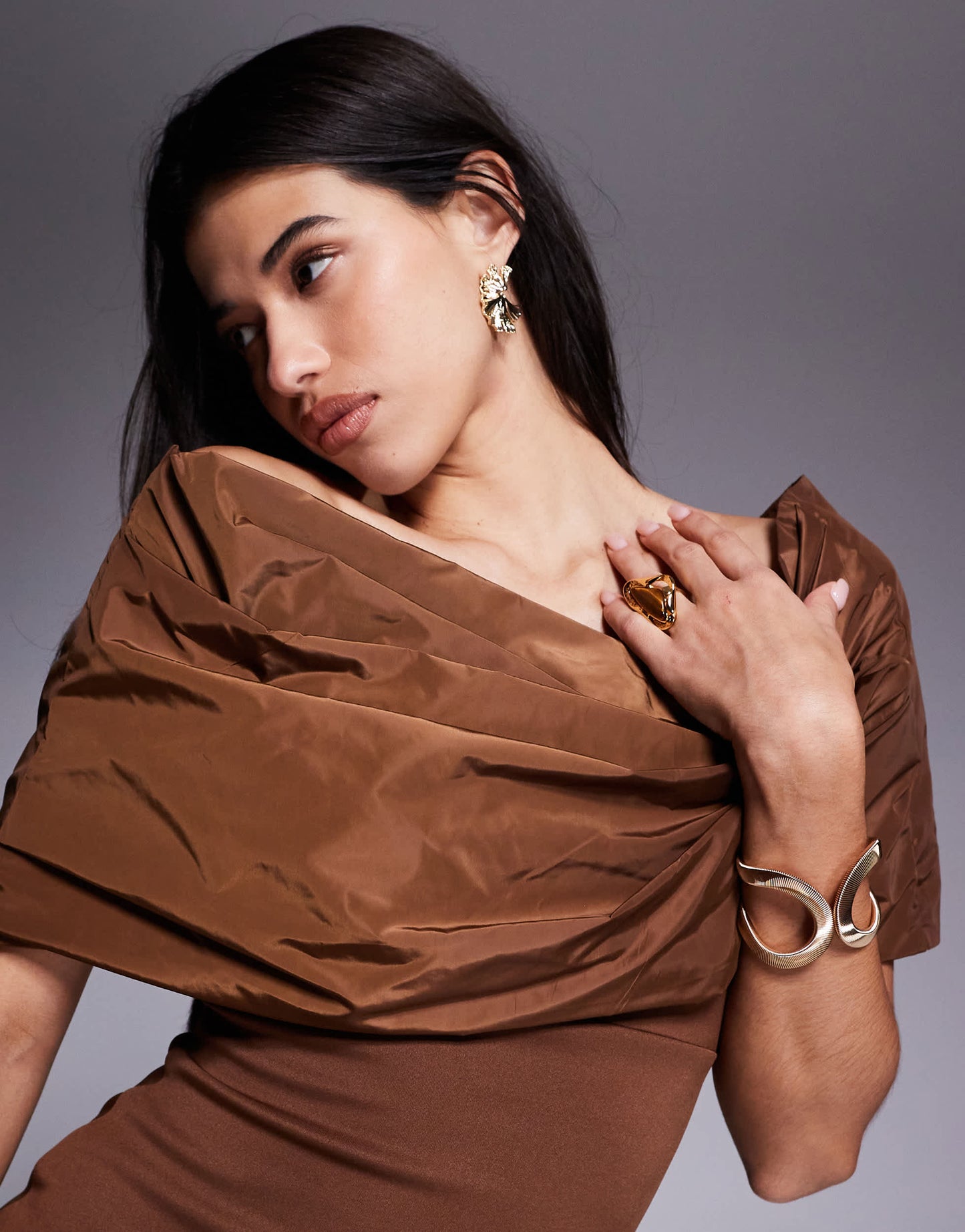 ASOS DESIGN bardot manipulated taffeta bodice detail midi dress in mocha