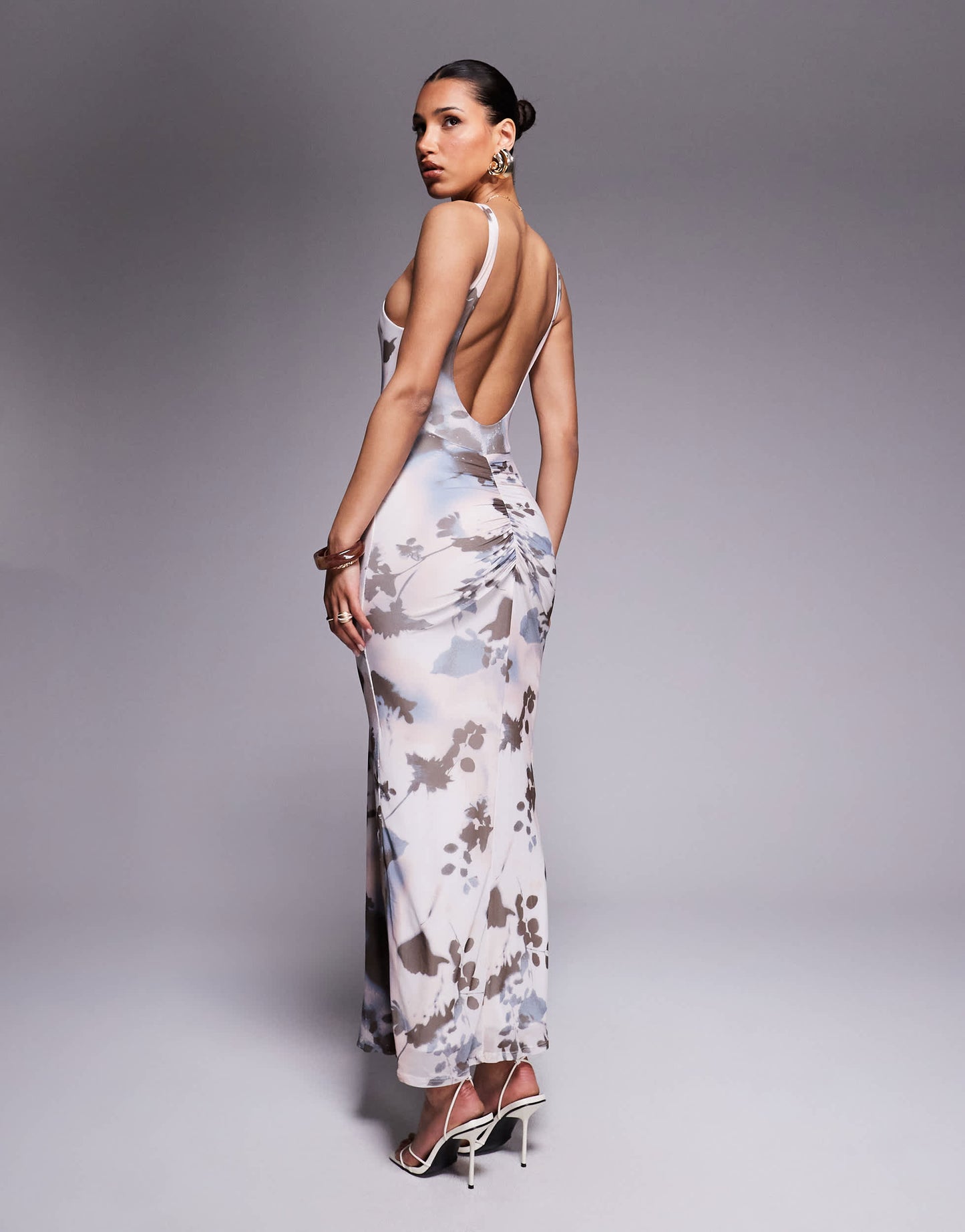 ASOS DESIGN mesh slash neck open back midi dress with sash detail in abstract floral print