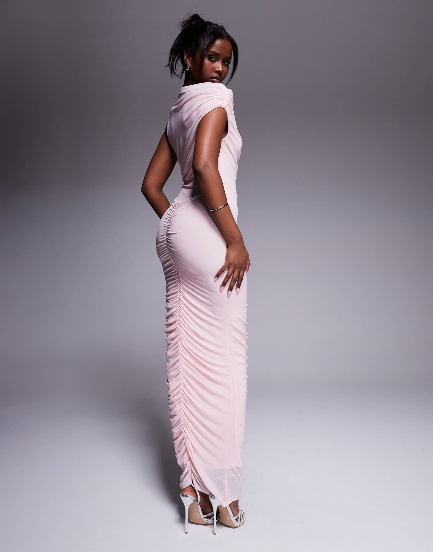 ASOS DESIGN mesh asymmetric neck off shoulder ruched maxi dress in light pink
