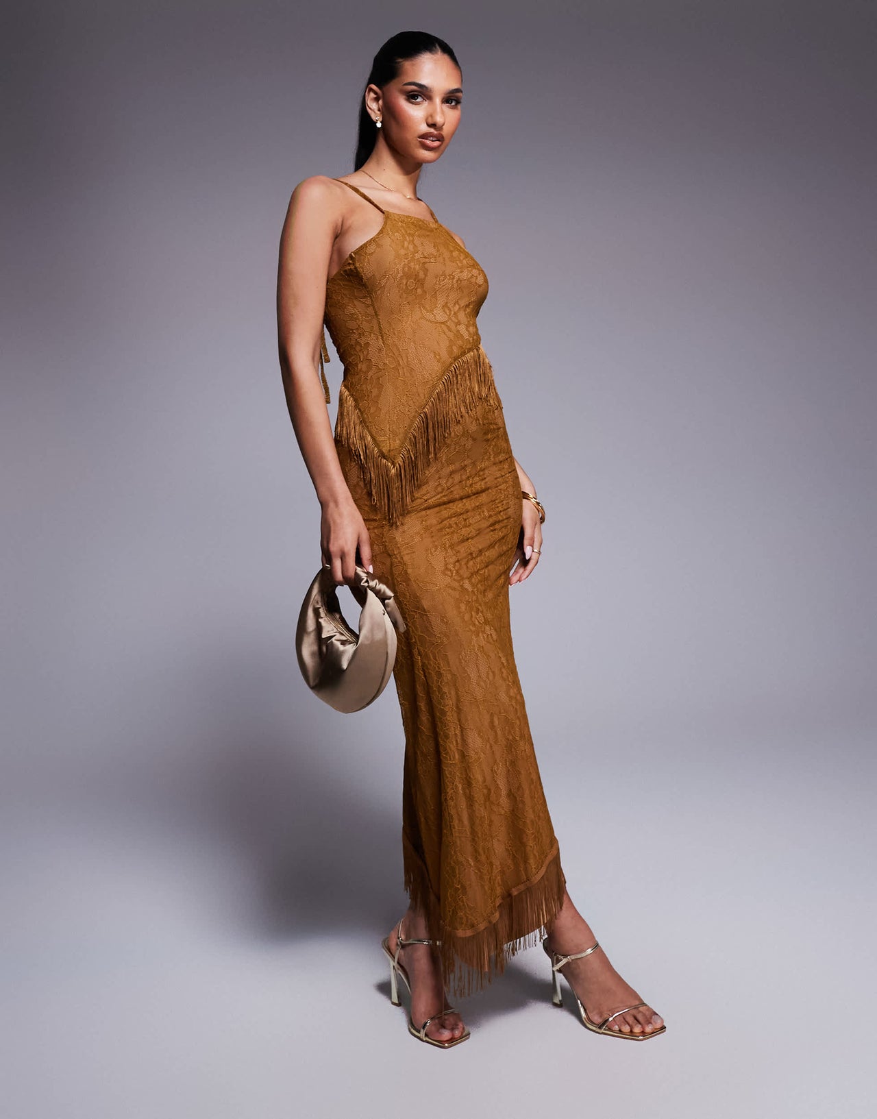 ASOS DESIGN asymmetric lace maxi dress with fringing and cut out in bronze