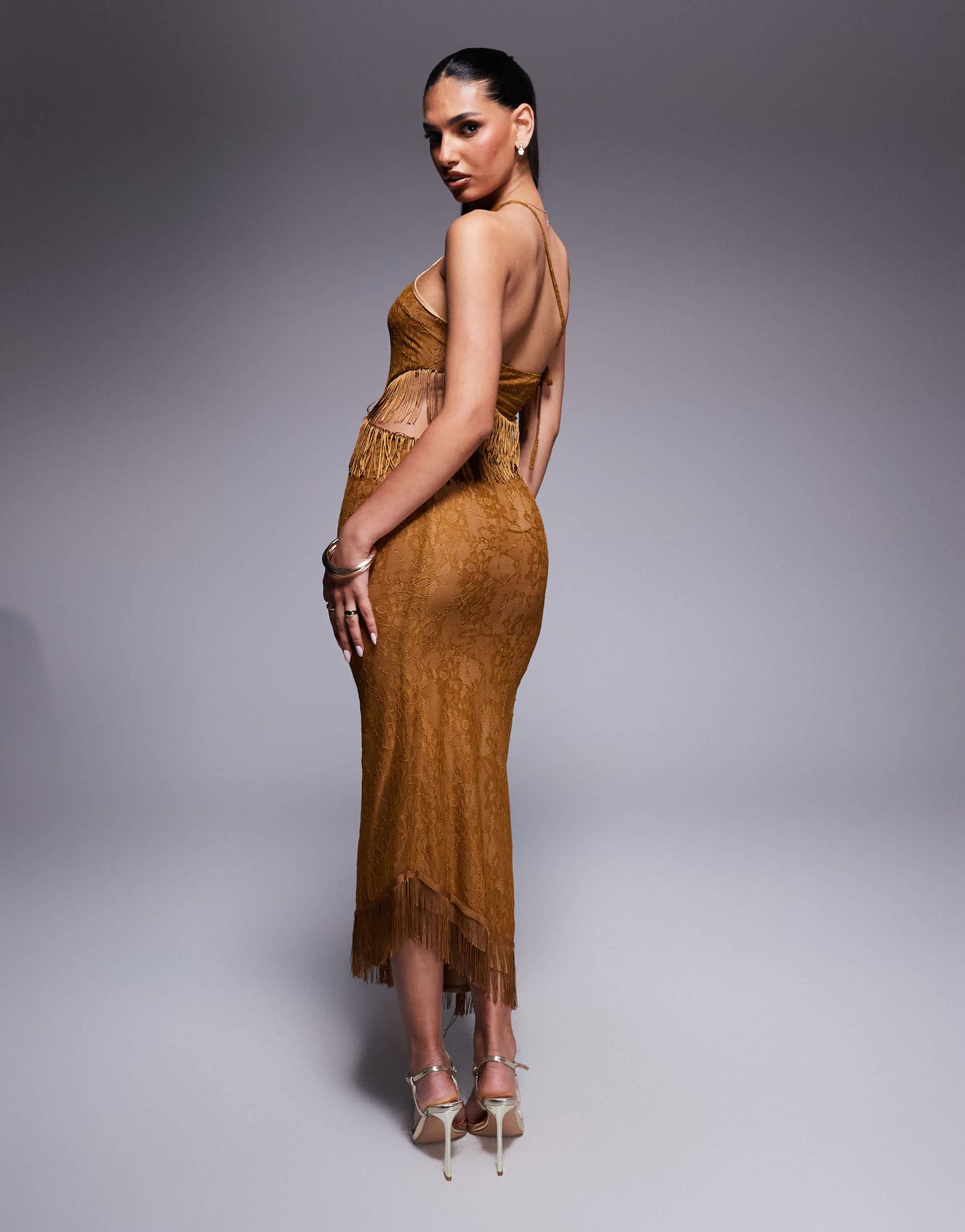ASOS DESIGN asymmetric lace maxi dress with fringing and cut out in bronze