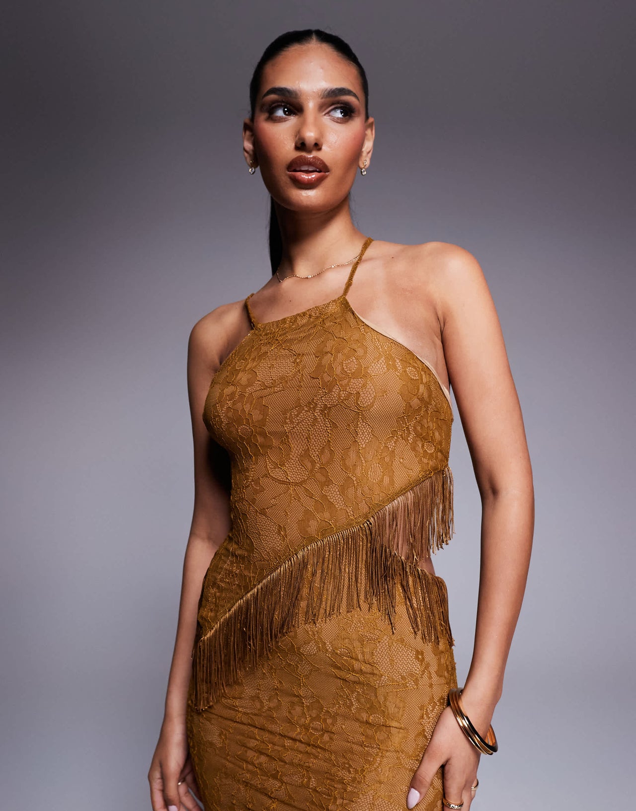 ASOS DESIGN asymmetric lace maxi dress with fringing and cut out in bronze