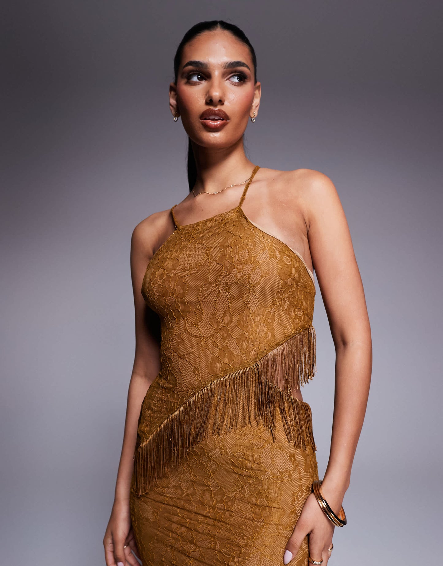 ASOS DESIGN asymmetric lace maxi dress with fringing and cut out in bronze