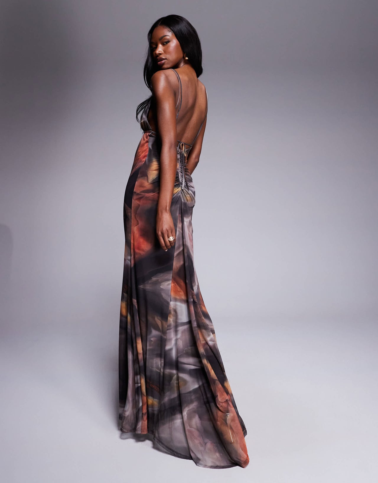 ASOS DESIGN mesh plunge neckline double strap maxi dress with sash in swirl print