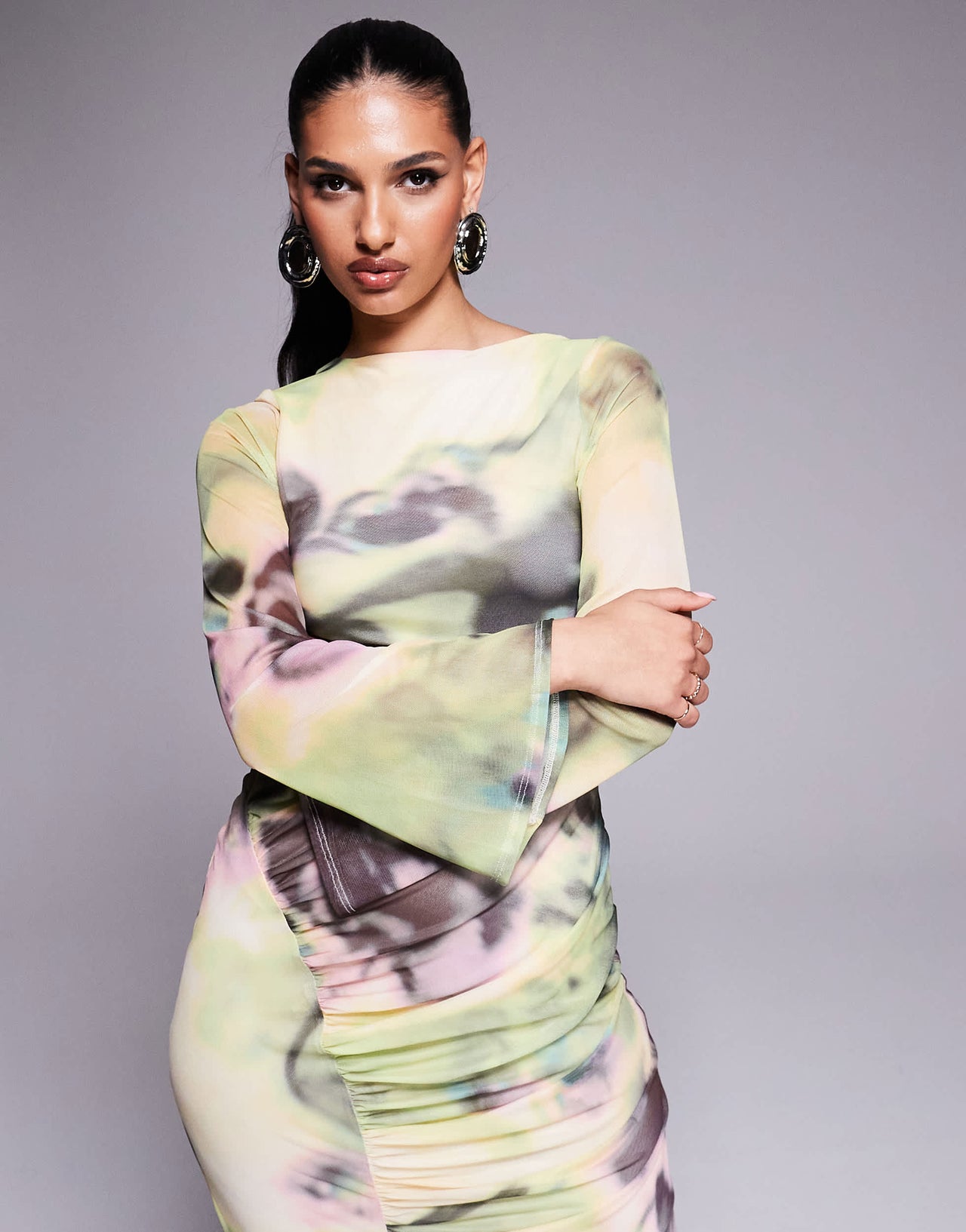 ASOS DESIGN long sleeve mesh maxi dress with double tie back in yellow and green floral print