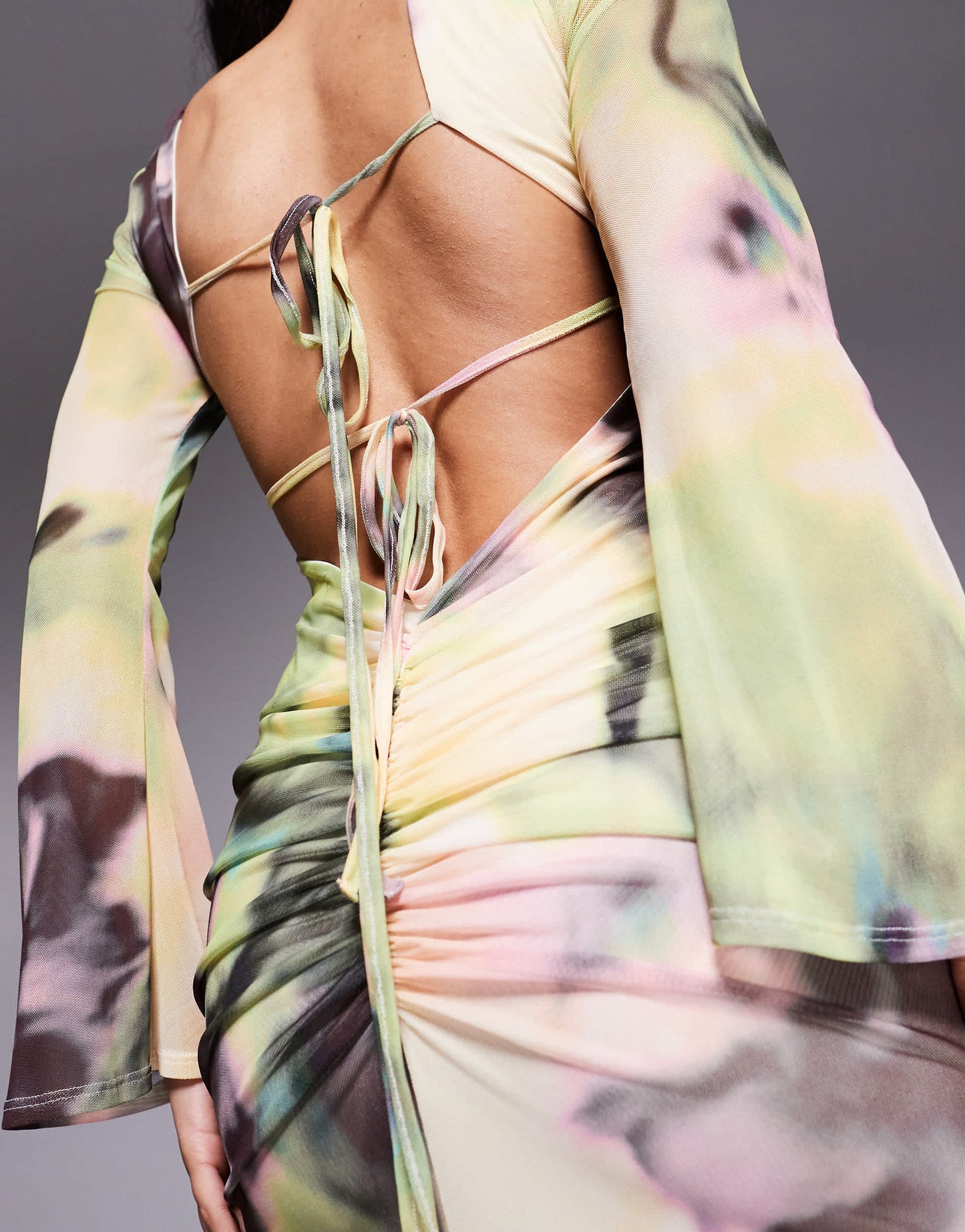 ASOS DESIGN long sleeve mesh maxi dress with double tie back in yellow and green floral print