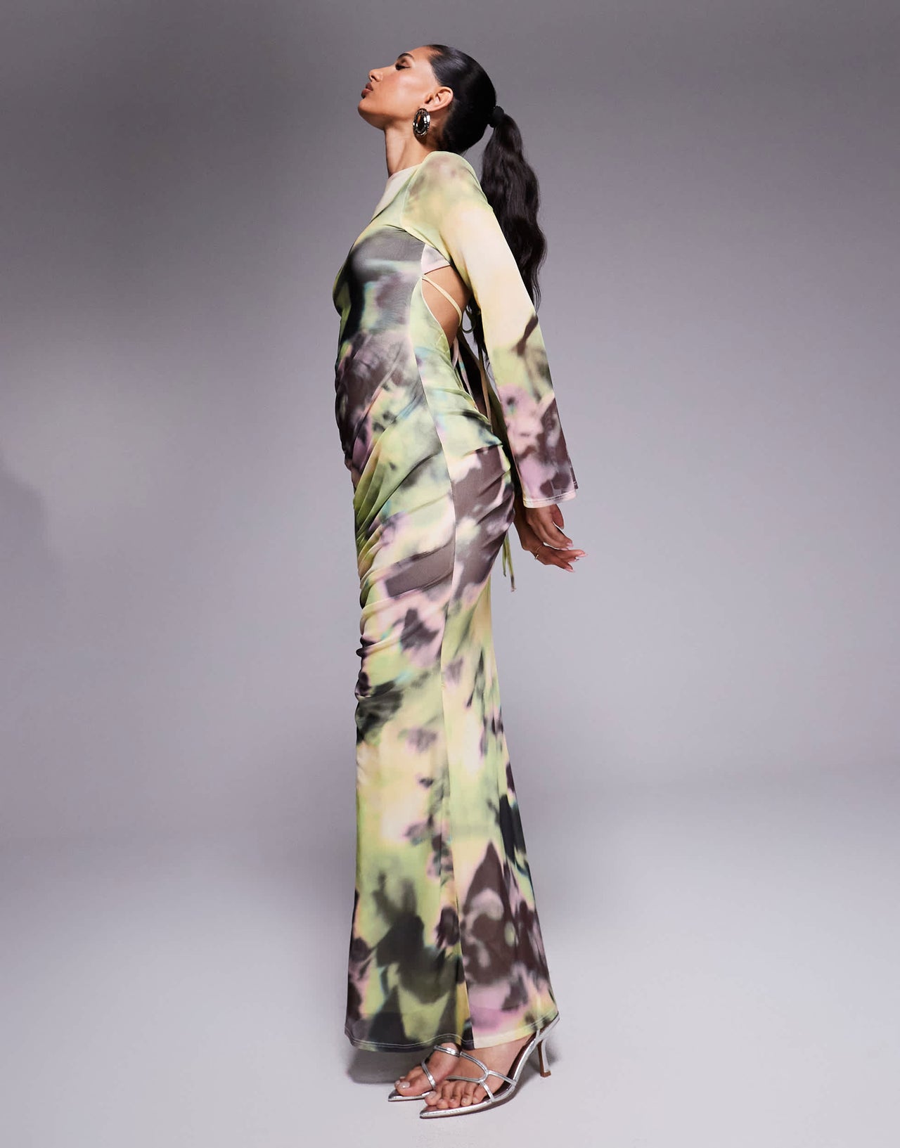 ASOS DESIGN long sleeve mesh maxi dress with double tie back in yellow and green floral print