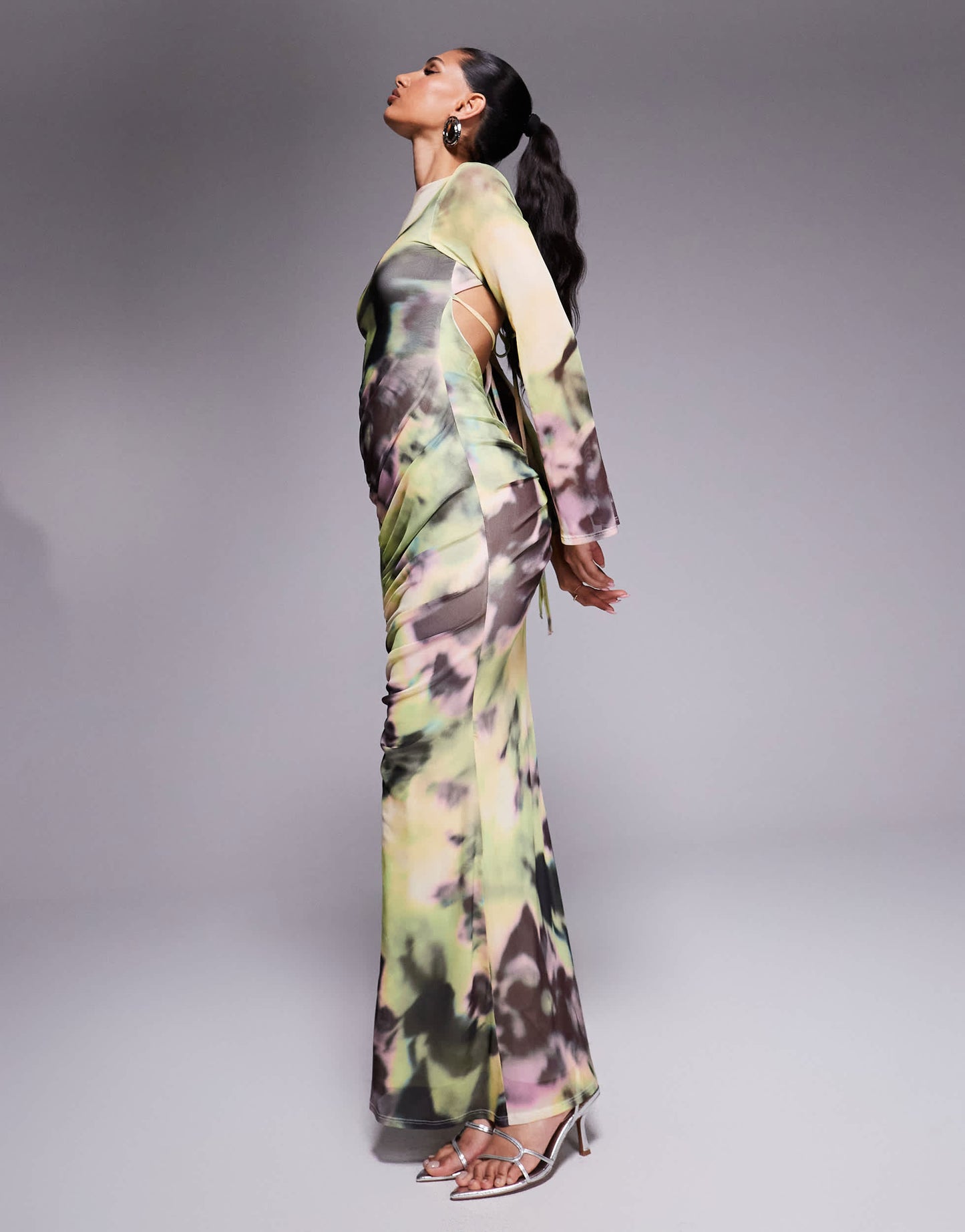 ASOS DESIGN long sleeve mesh maxi dress with double tie back in yellow and green floral print