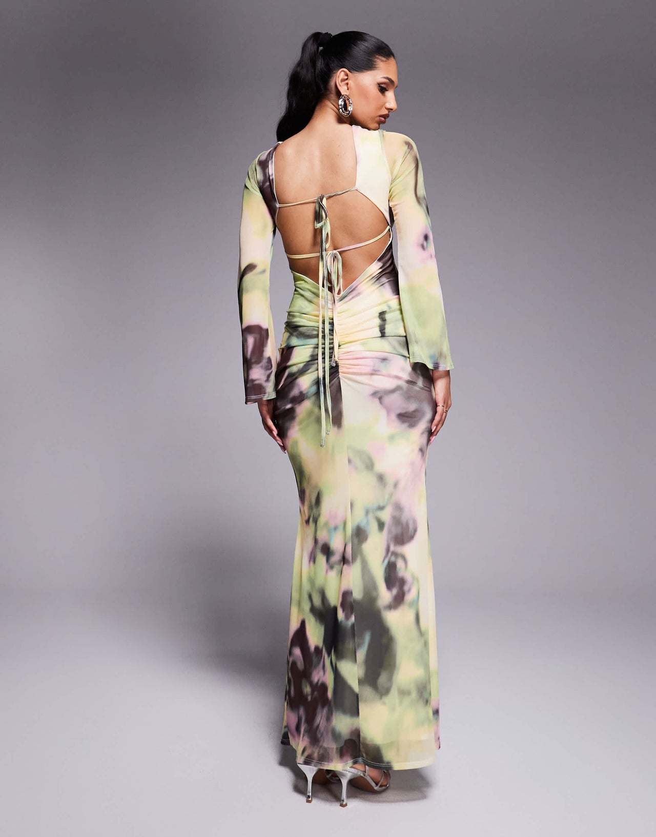 ASOS DESIGN long sleeve mesh maxi dress with double tie back in yellow and green floral print
