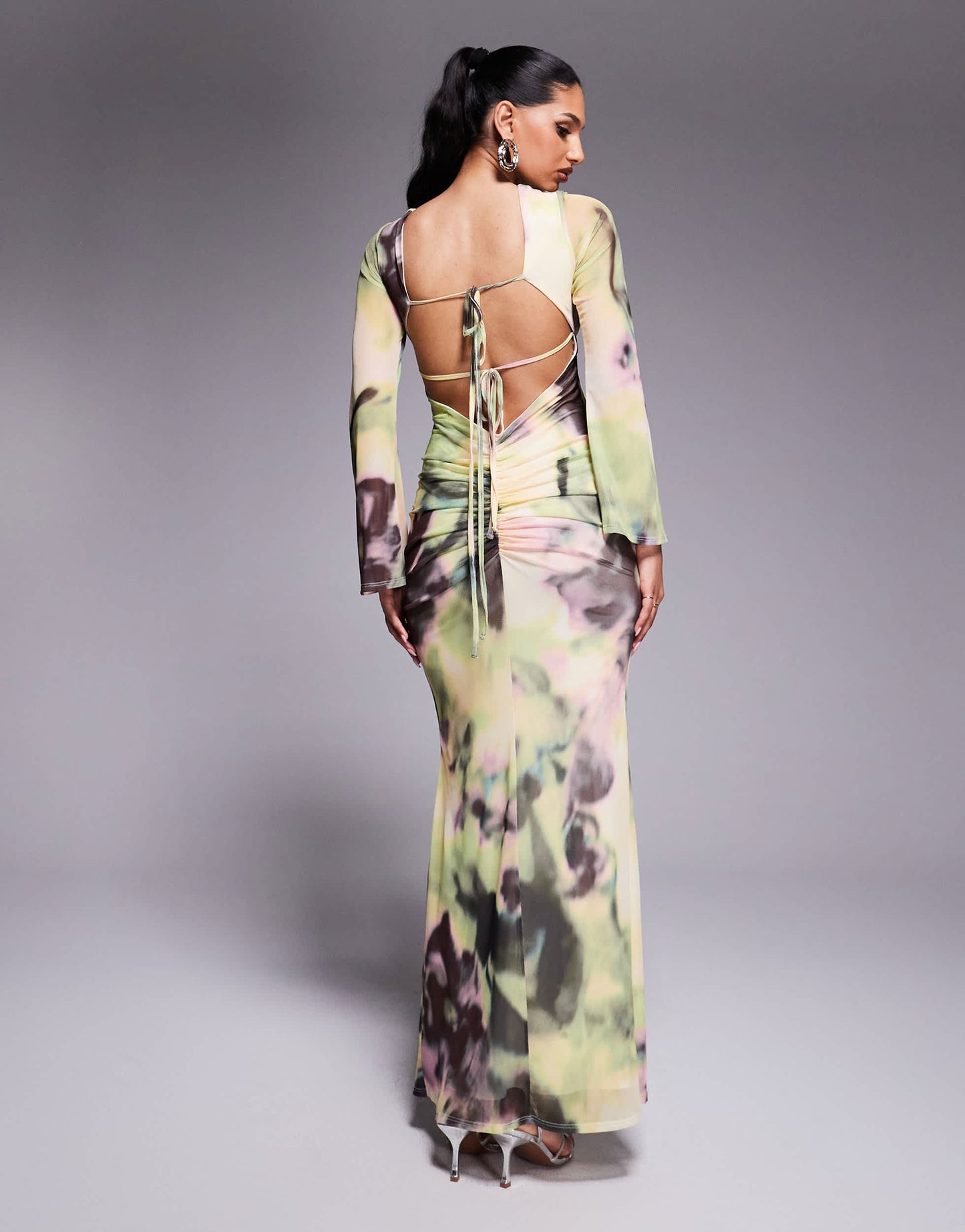 ASOS DESIGN long sleeve mesh maxi dress with double tie back in yellow and green floral print