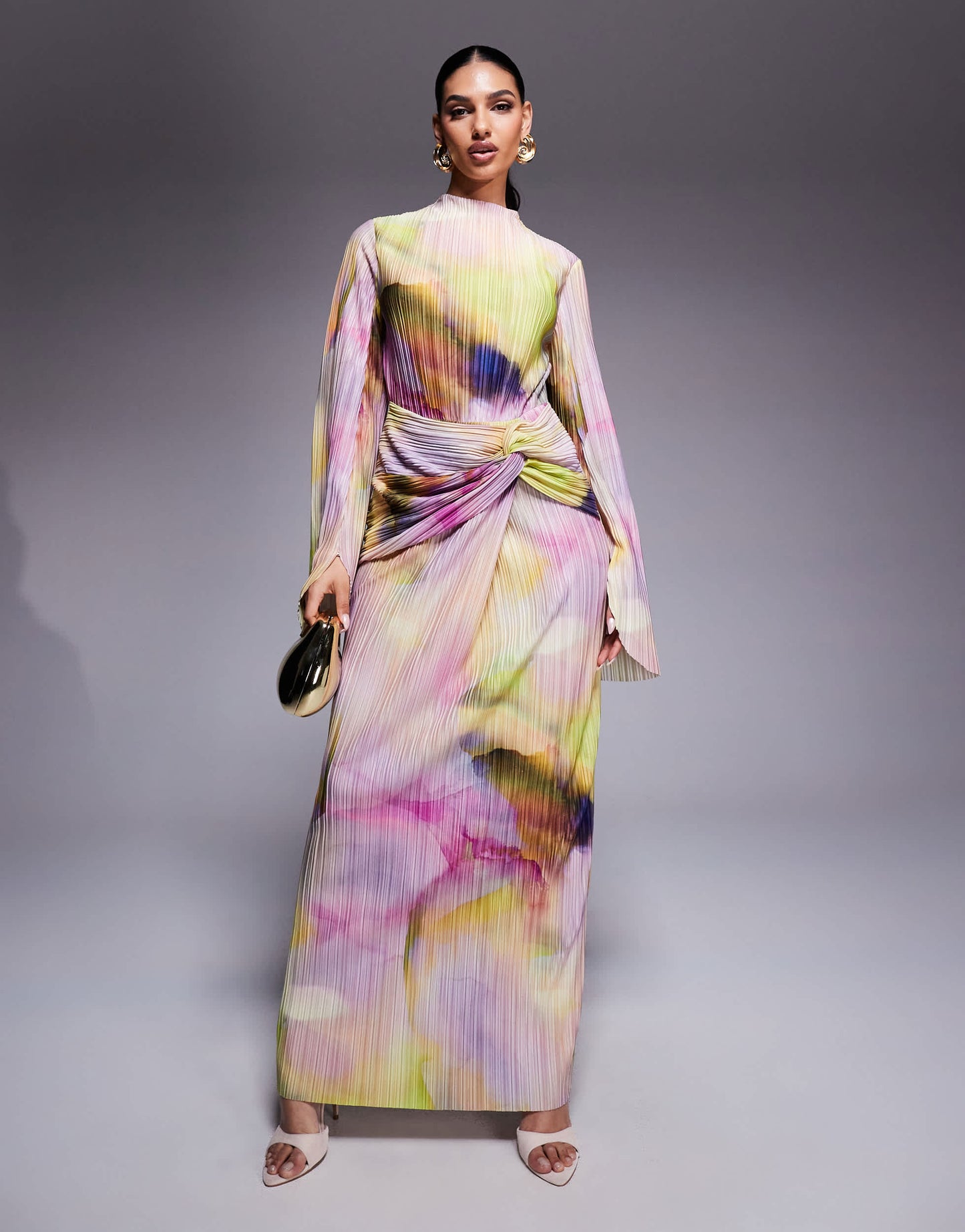 ASOS DESIGN plisse drape long sleeve maxi dress in pastel blurred print