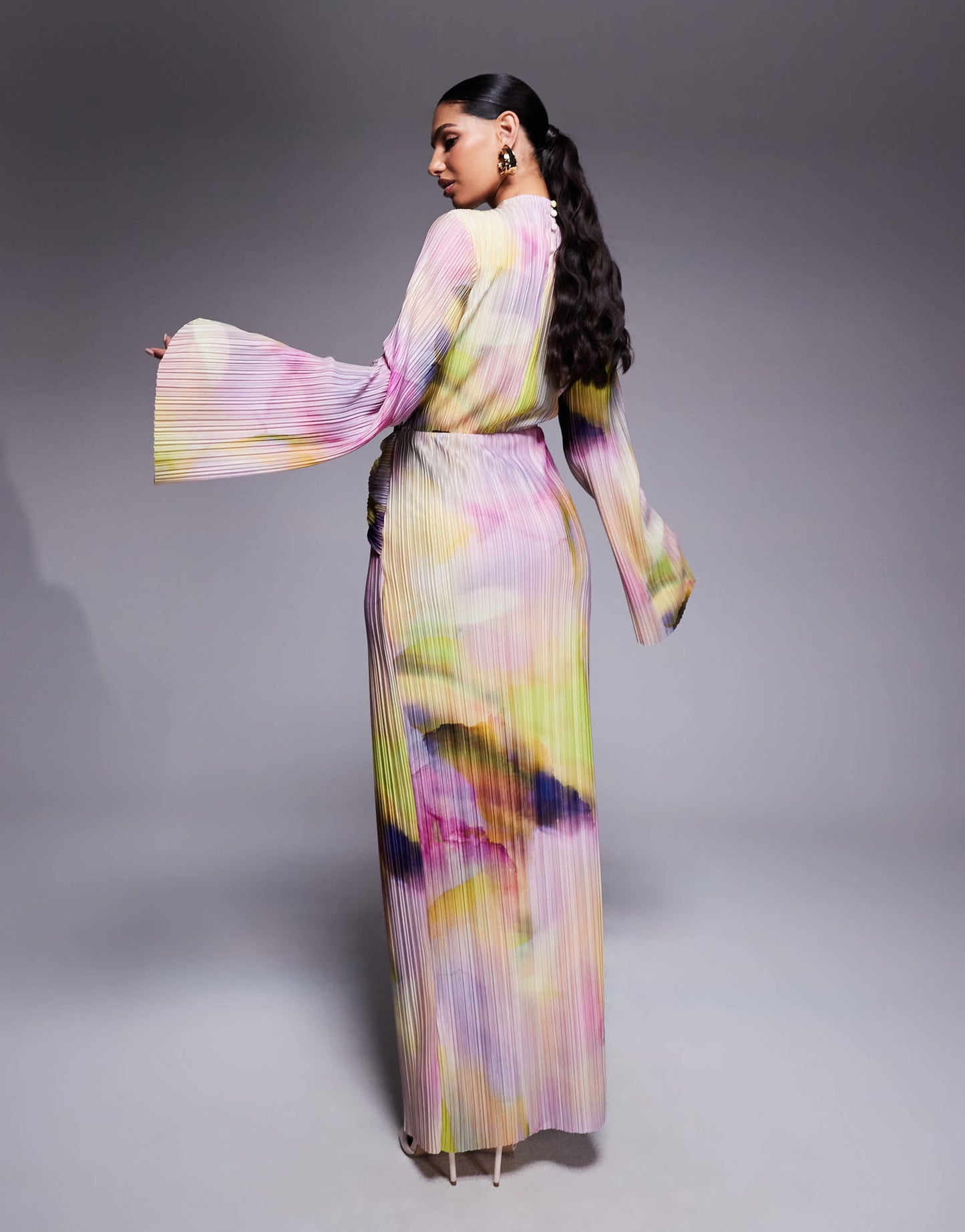ASOS DESIGN plisse drape long sleeve maxi dress in pastel blurred print