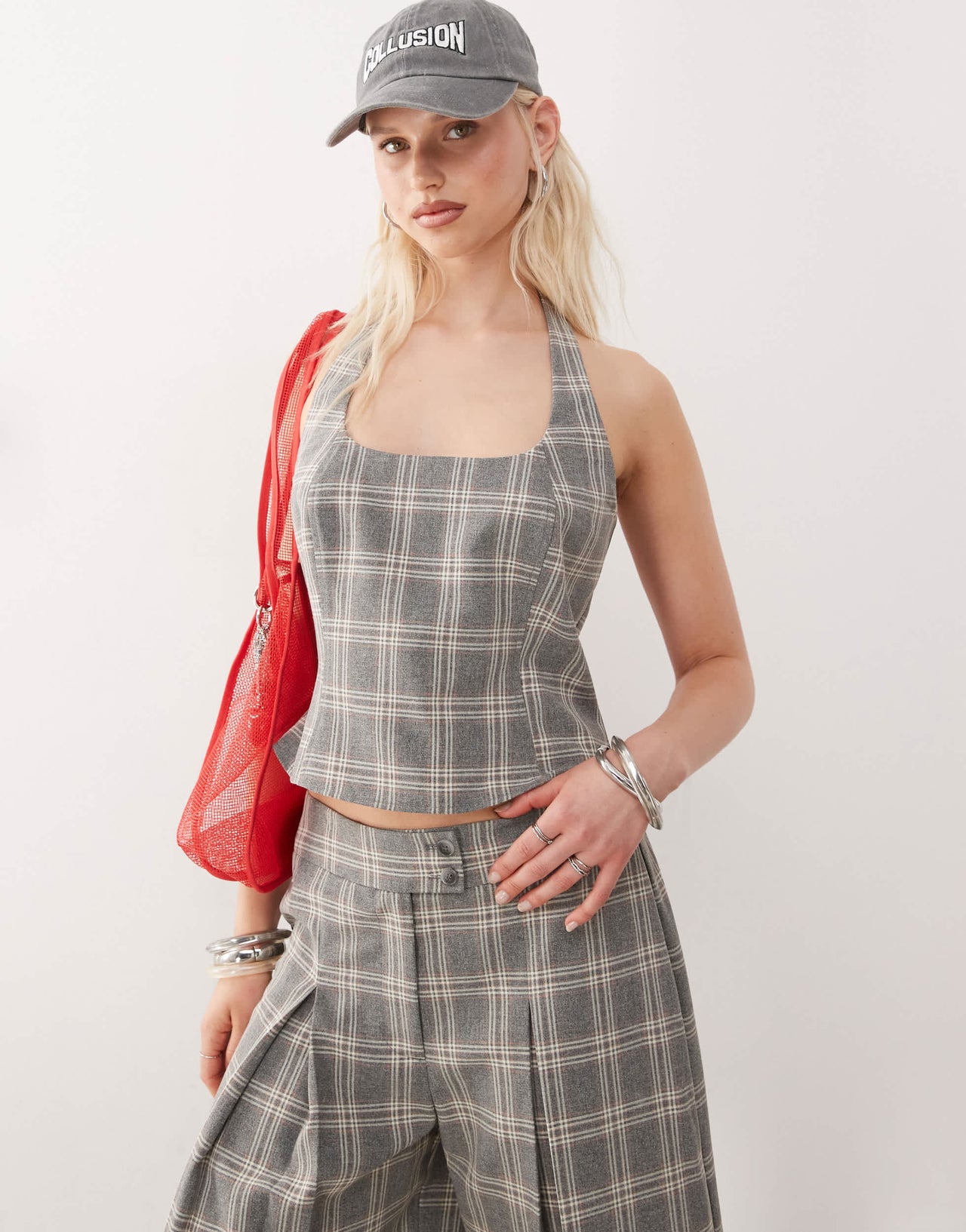 COLLUSION tailored co-ord check halter top in multi