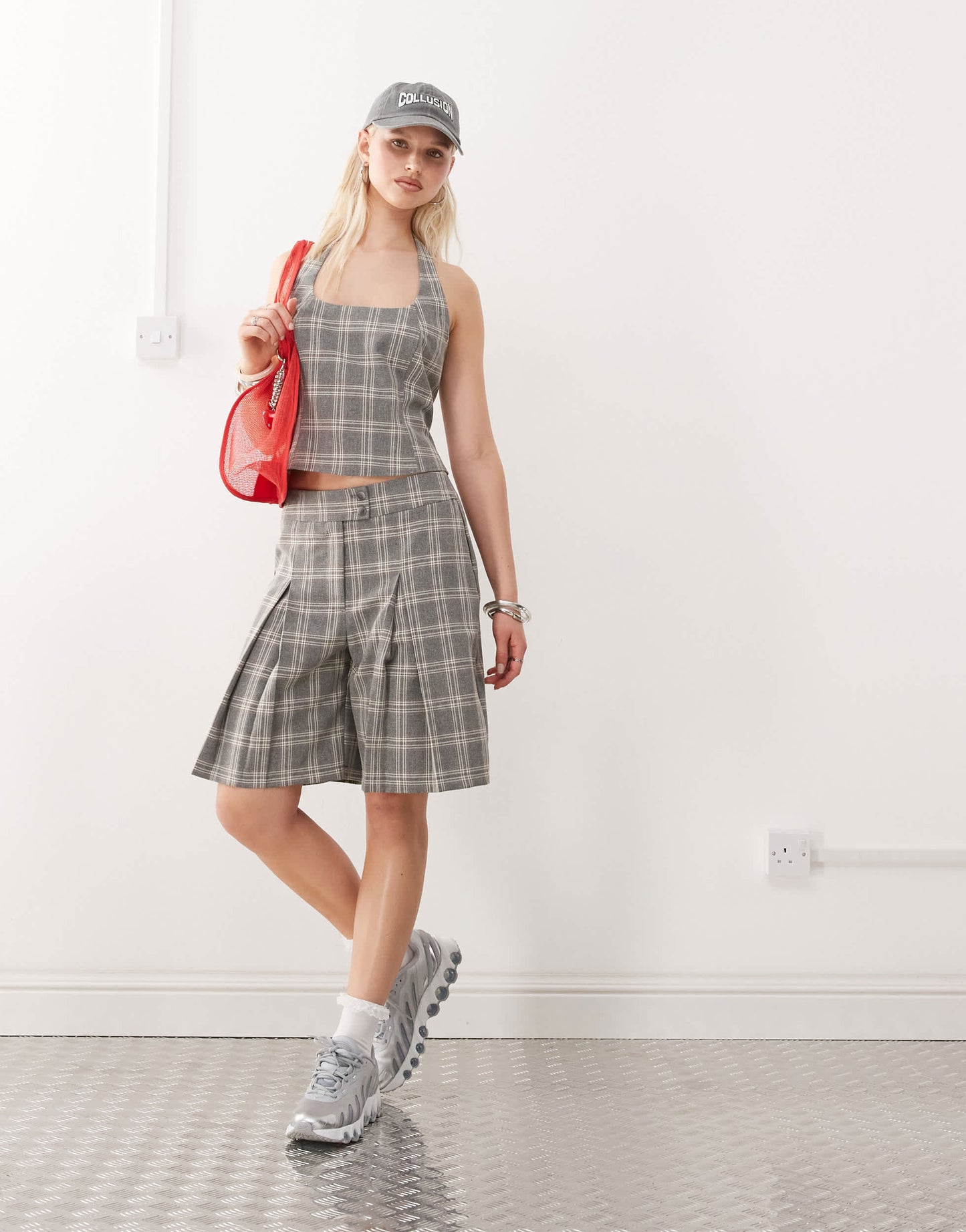 COLLUSION tailored co-ord check halter top in multi