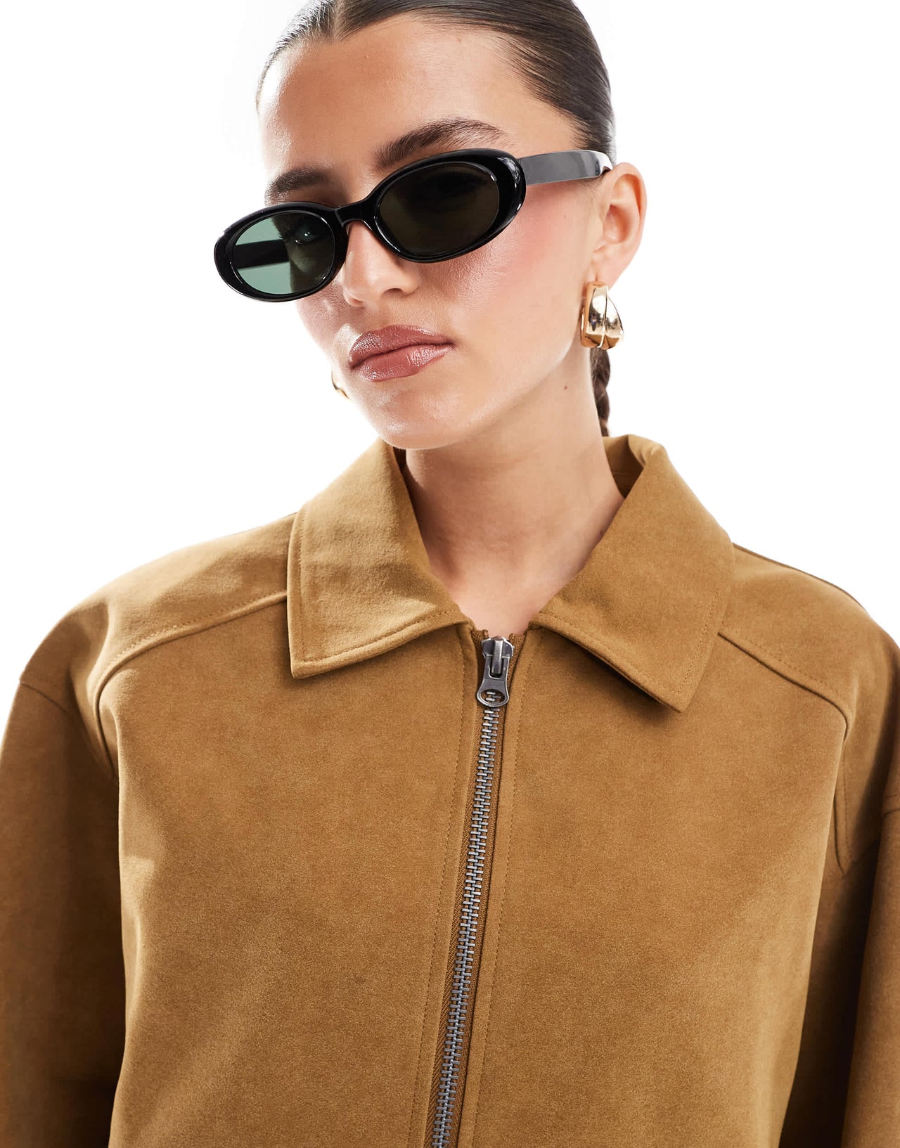 Stradivarius STR faux suede bomber jacket in brown