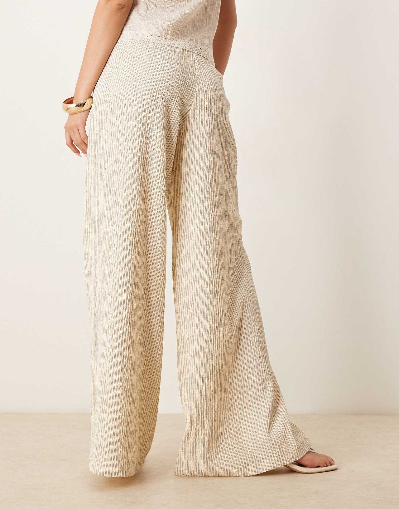 Stradivarius linen look wide leg trouser in beige stripe