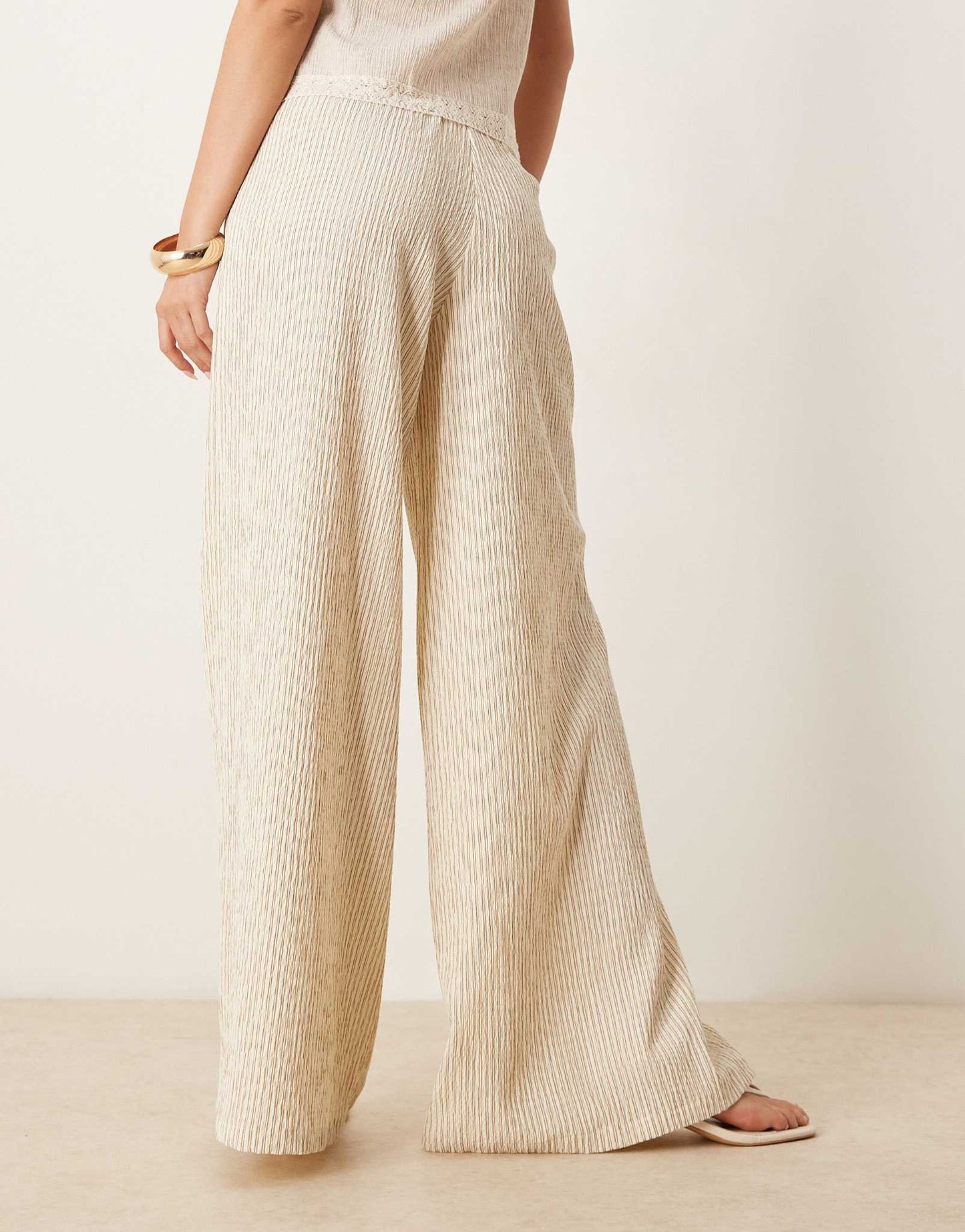Stradivarius linen look wide leg trouser in beige stripe
