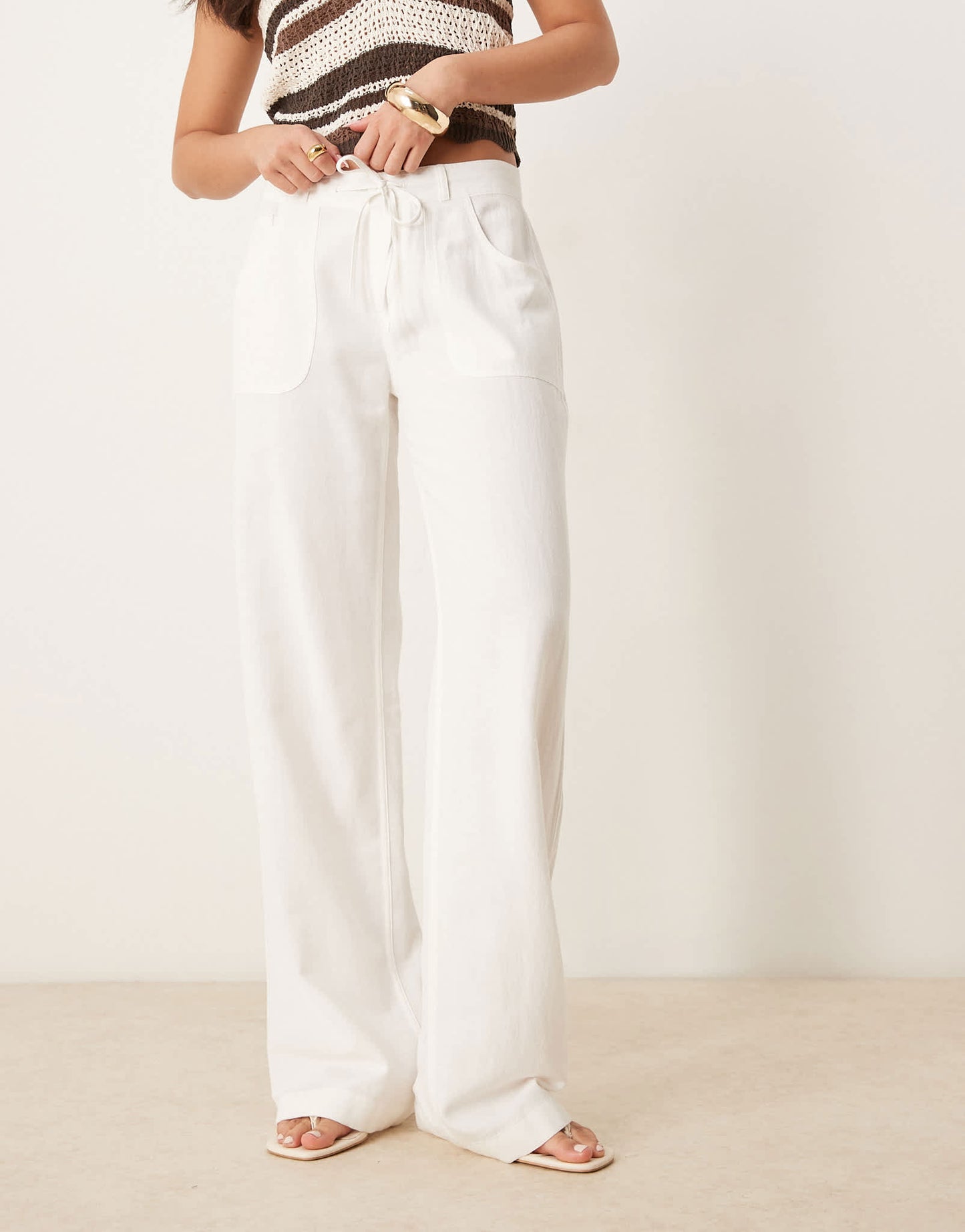 Stradivarius STR drawstring linen look trouser in ecru
