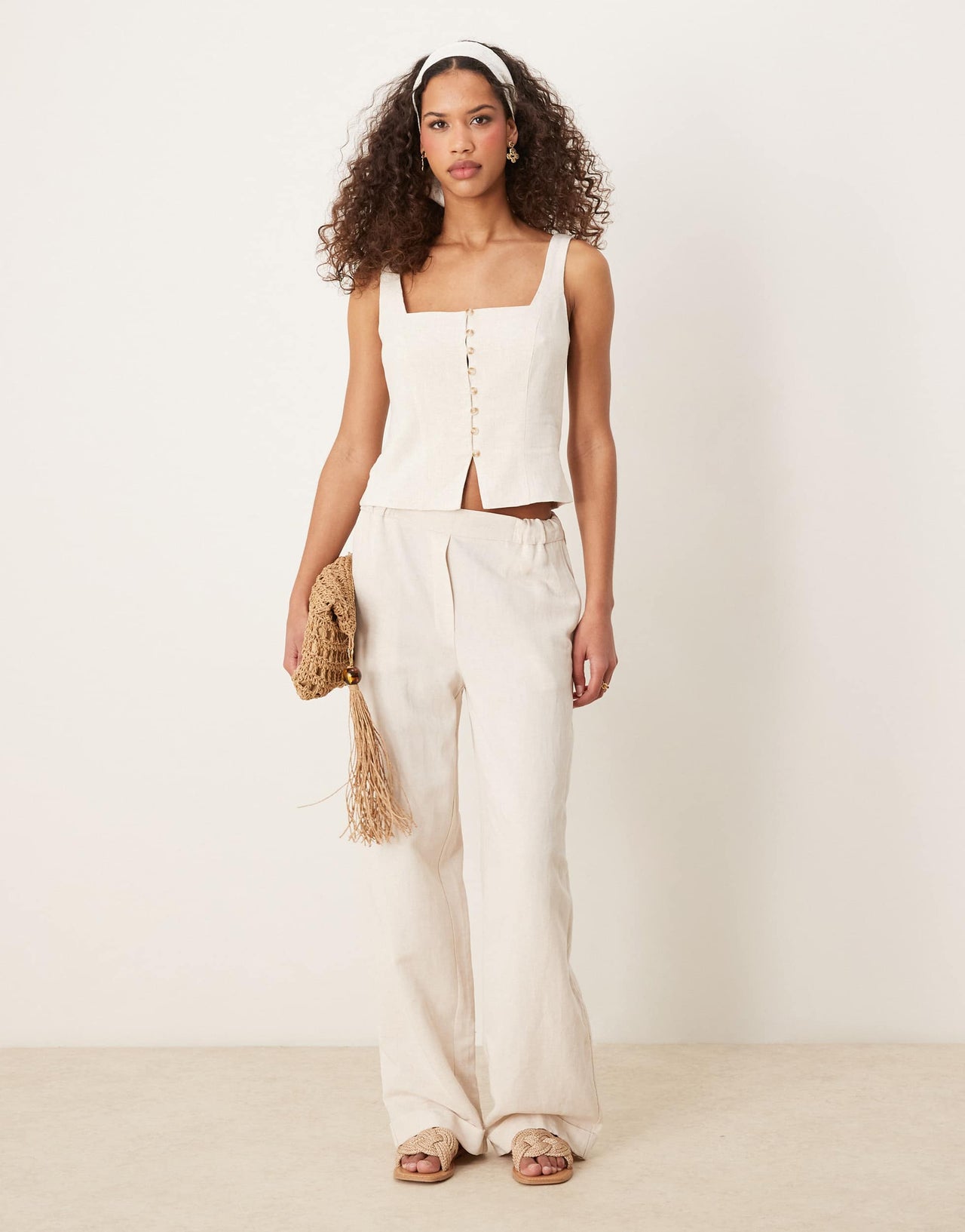 Stradivarius tailored linen look square neck waistcoat top in ecru