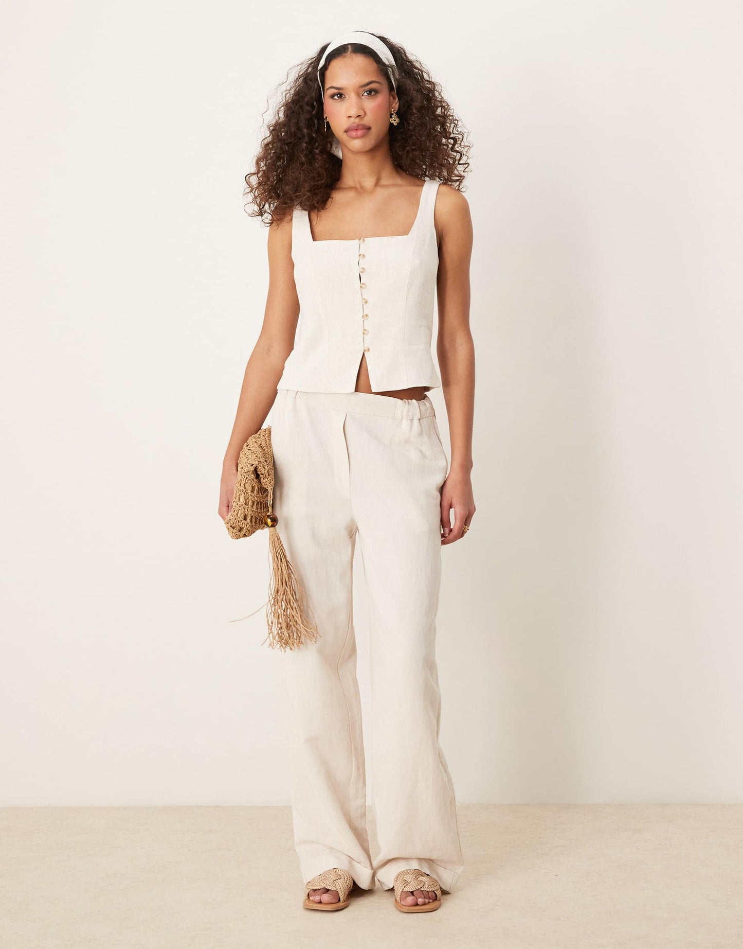 Stradivarius tailored linen look square neck waistcoat top in ecru