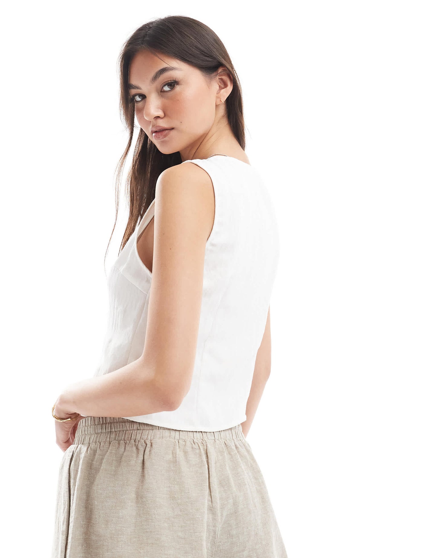 Stradivarius crinkle buttoned vest top in white