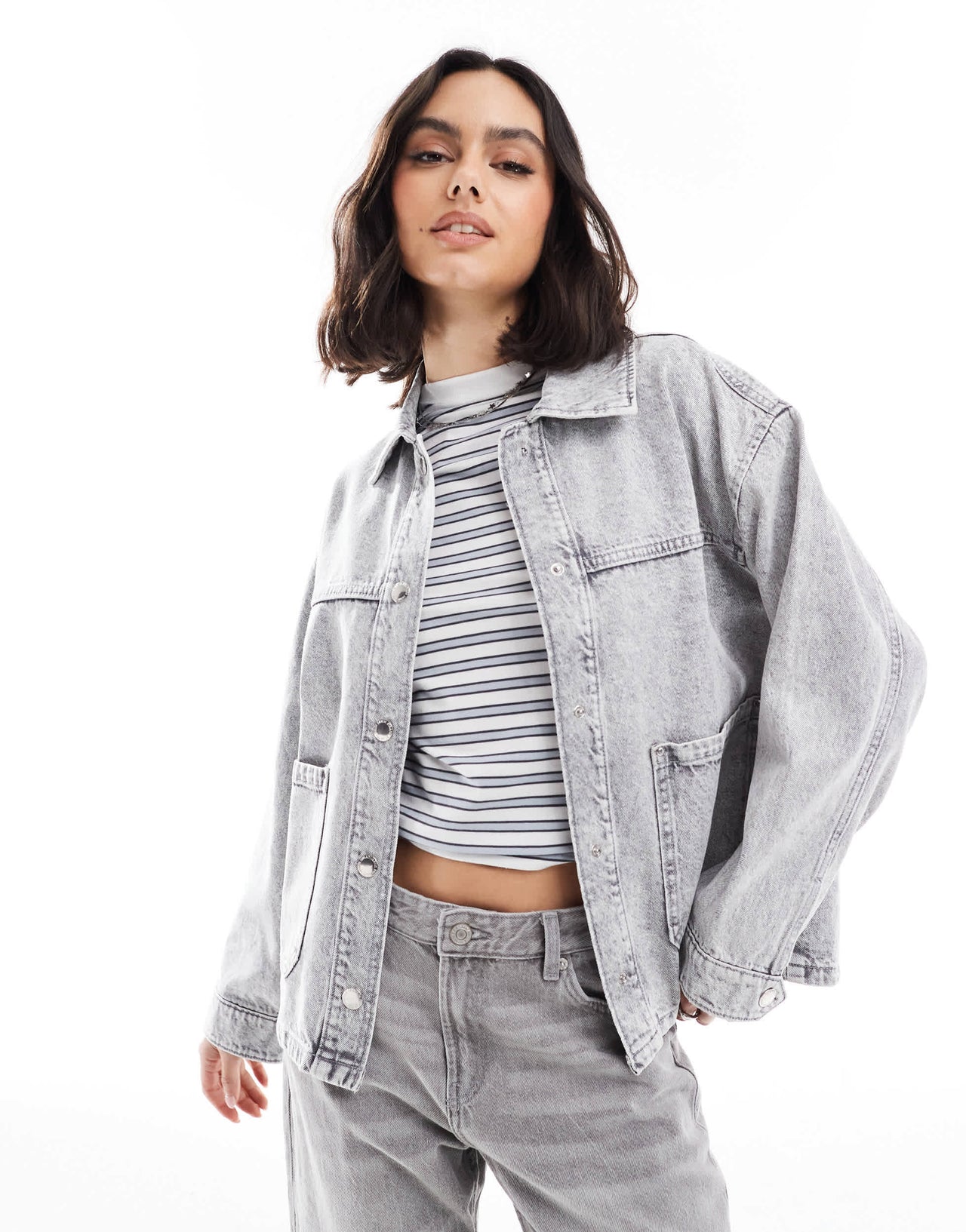 Stradivarius oversized denim overshirt in grey