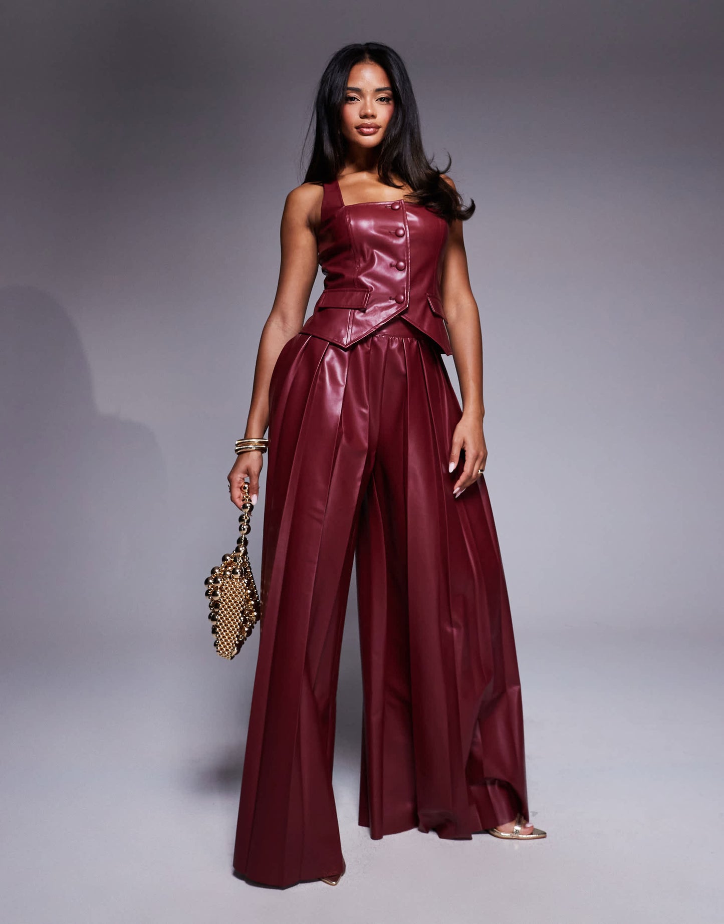 ASOS LUXE PU waist coat co-ord in dark cherry