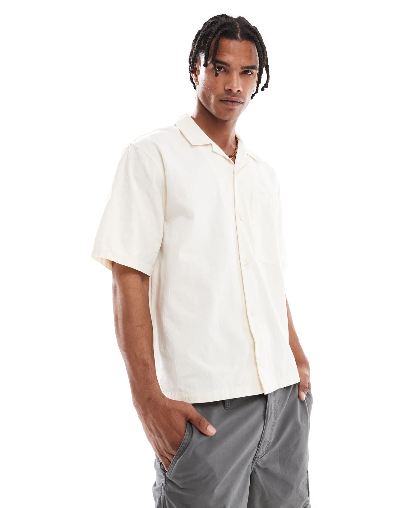 Pull&Bear crinkle textured revere collar shirt in ecru