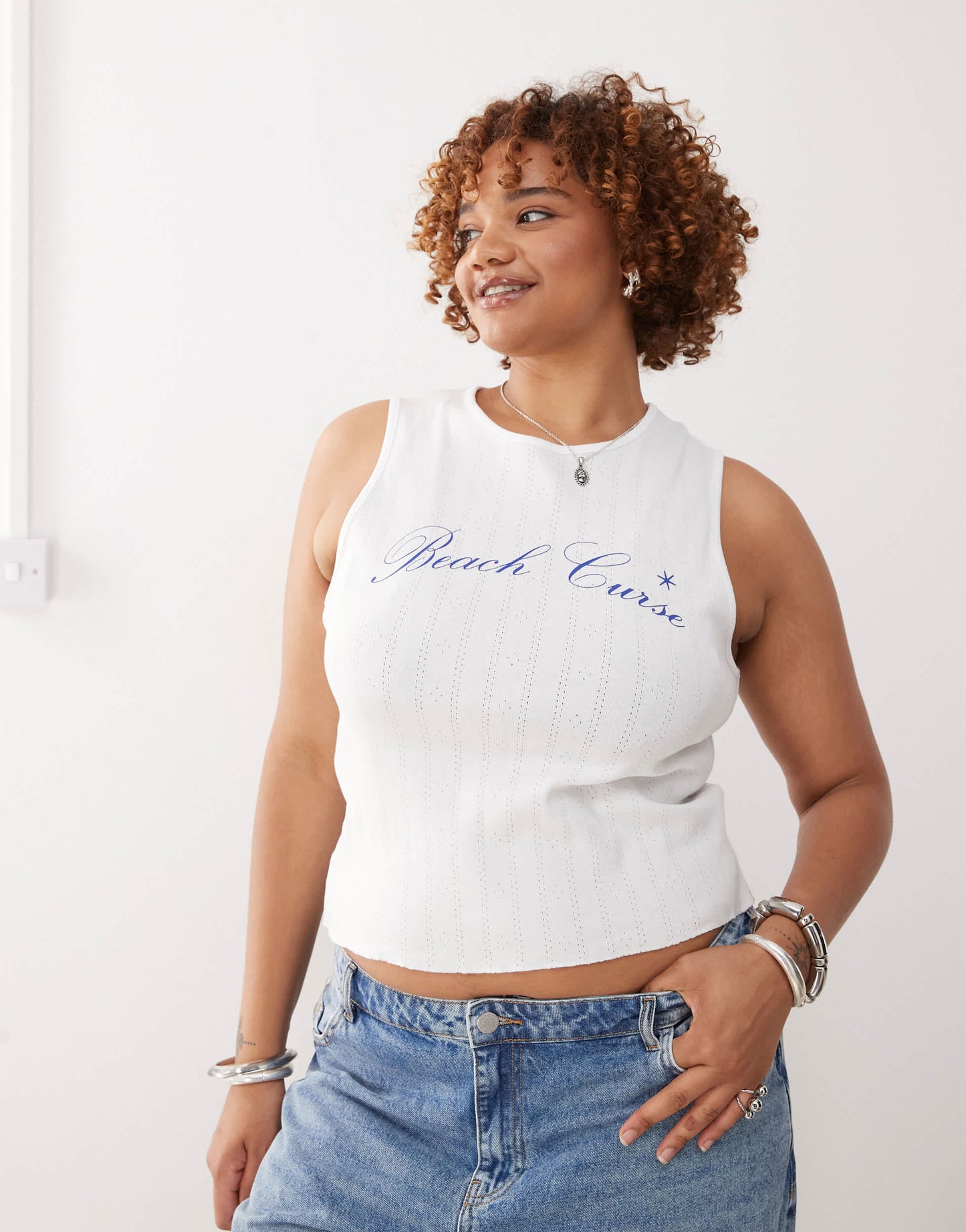COLLUSION plus printed pointelle tank top in white