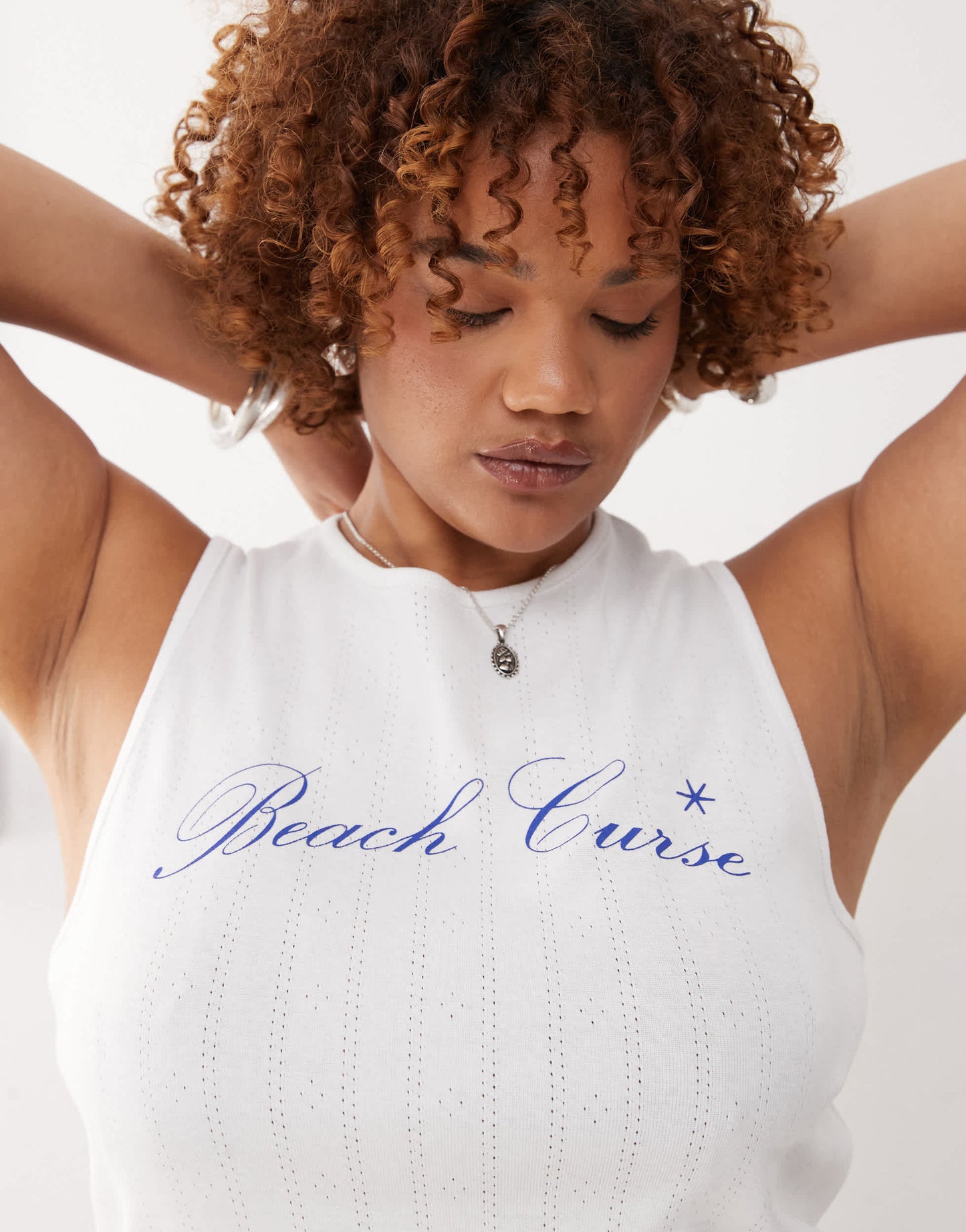 COLLUSION plus printed pointelle tank top in white