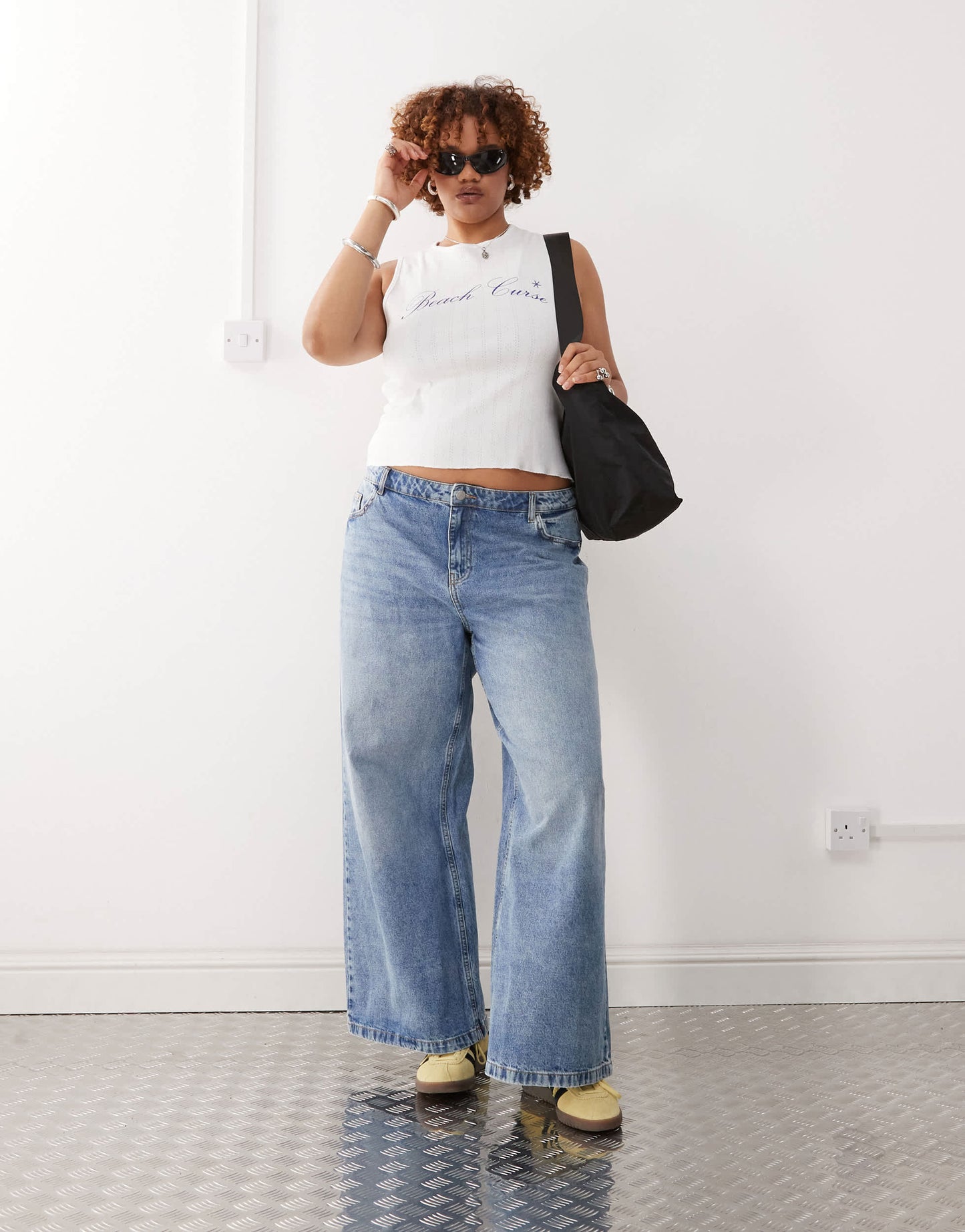 COLLUSION plus printed pointelle tank top in white