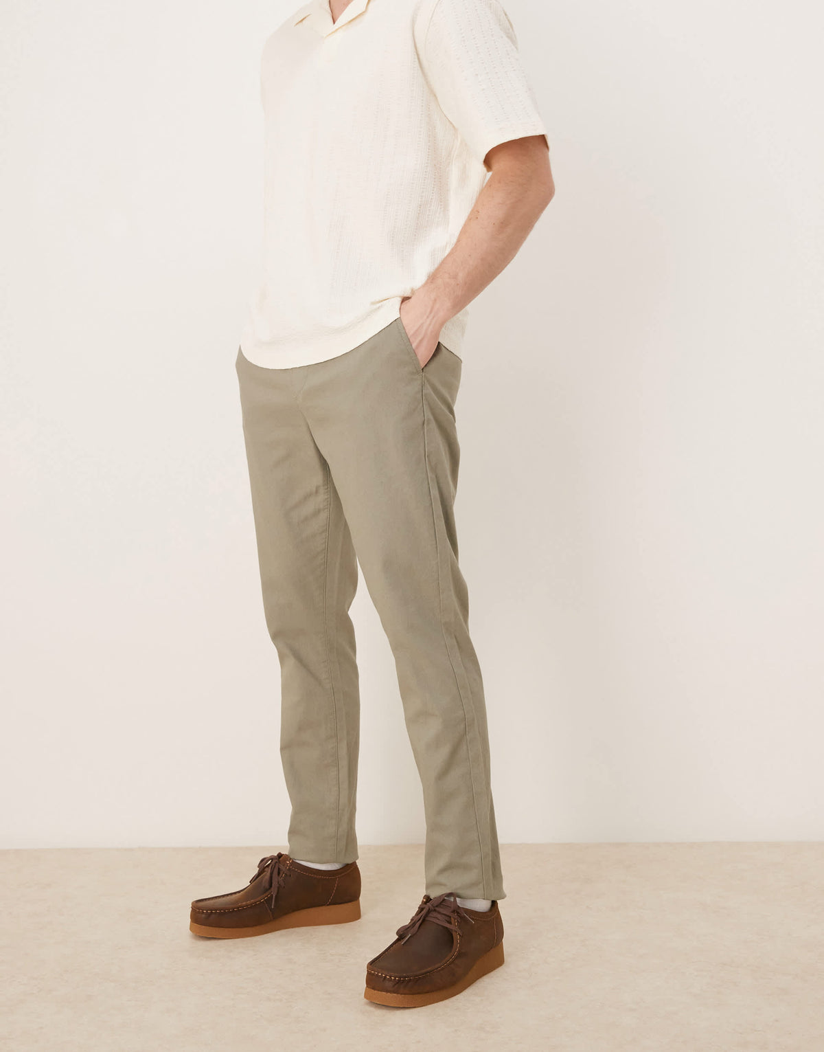 ASOS DEISGN linen rich slim trouser with elasticated waist in khaki