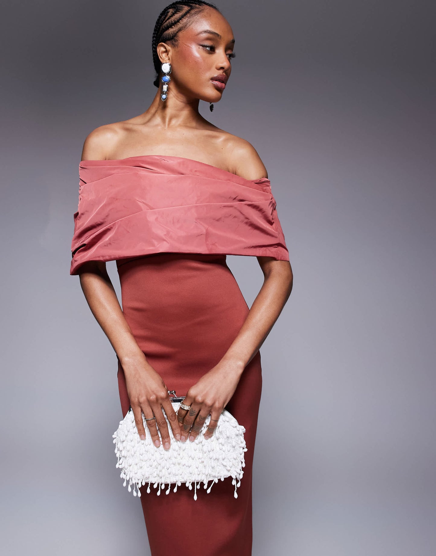 ASOS DESIGN Tall bardot manipulated taffeta bodice detail midi dress in red