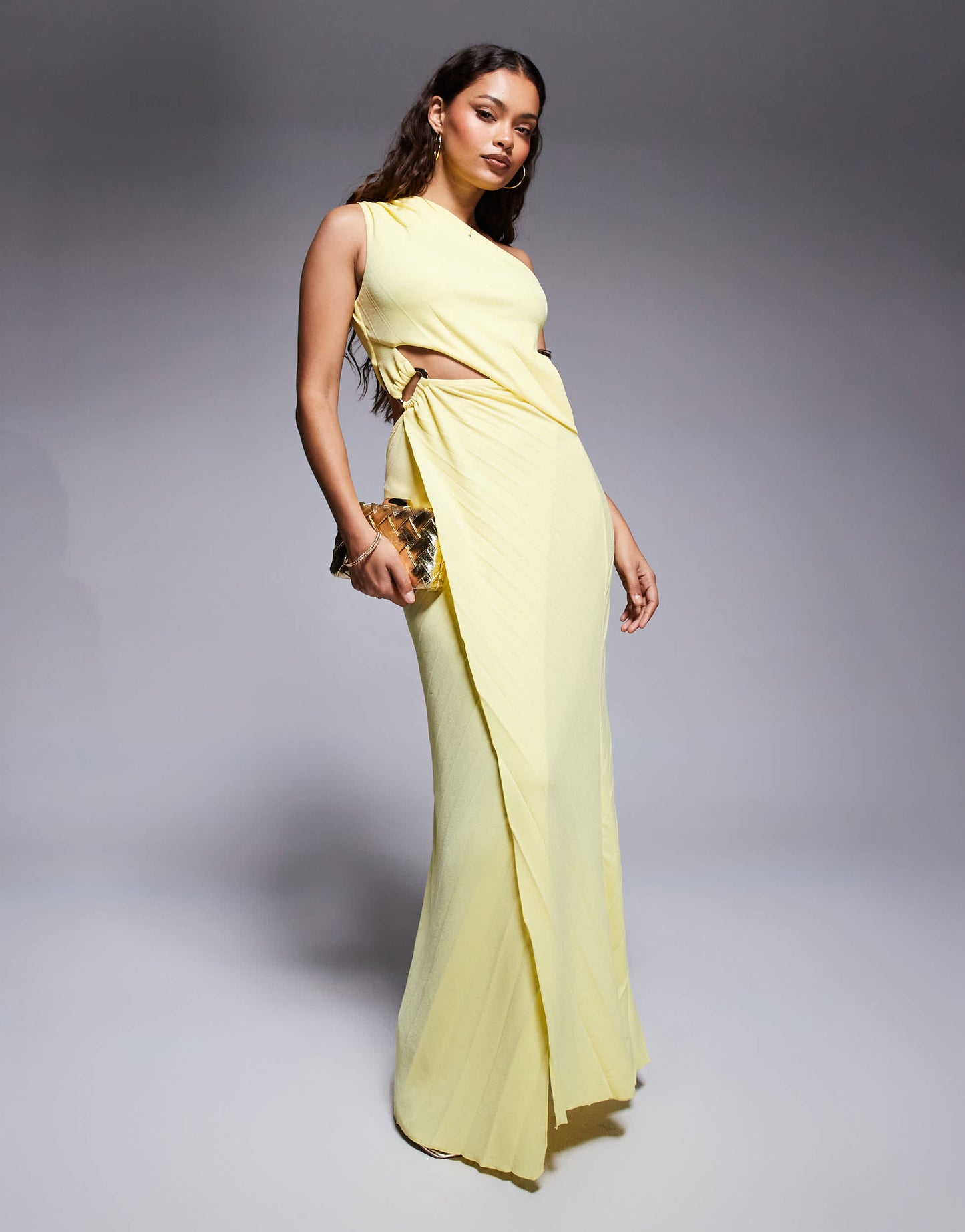 ASOS DESIGN Petite pleated maxi dress with asymmetric one shoulder and twist skirt in buttermilk