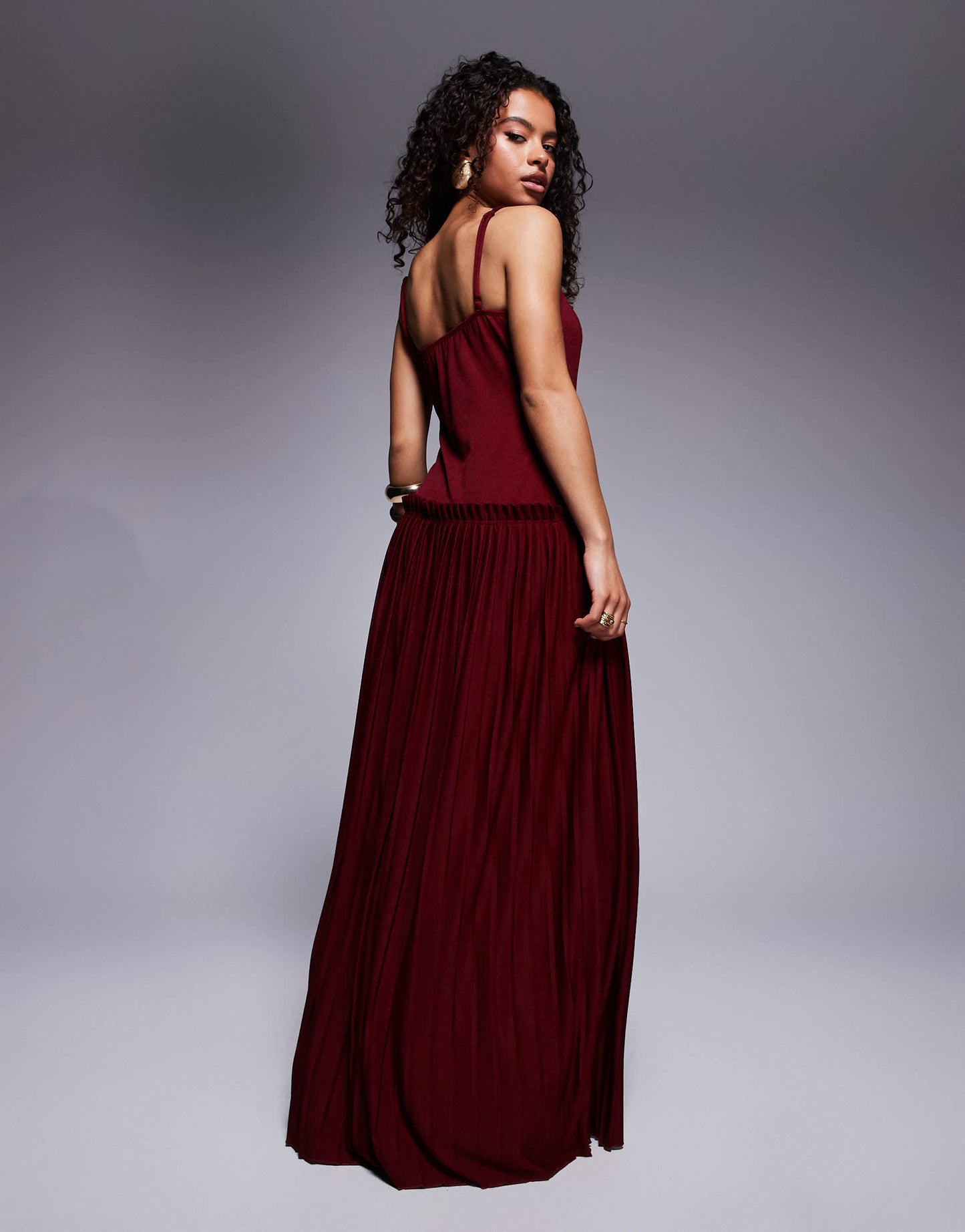 ASOS DESIGN Petite square neck pleated maxi dress with dropped waist in wine