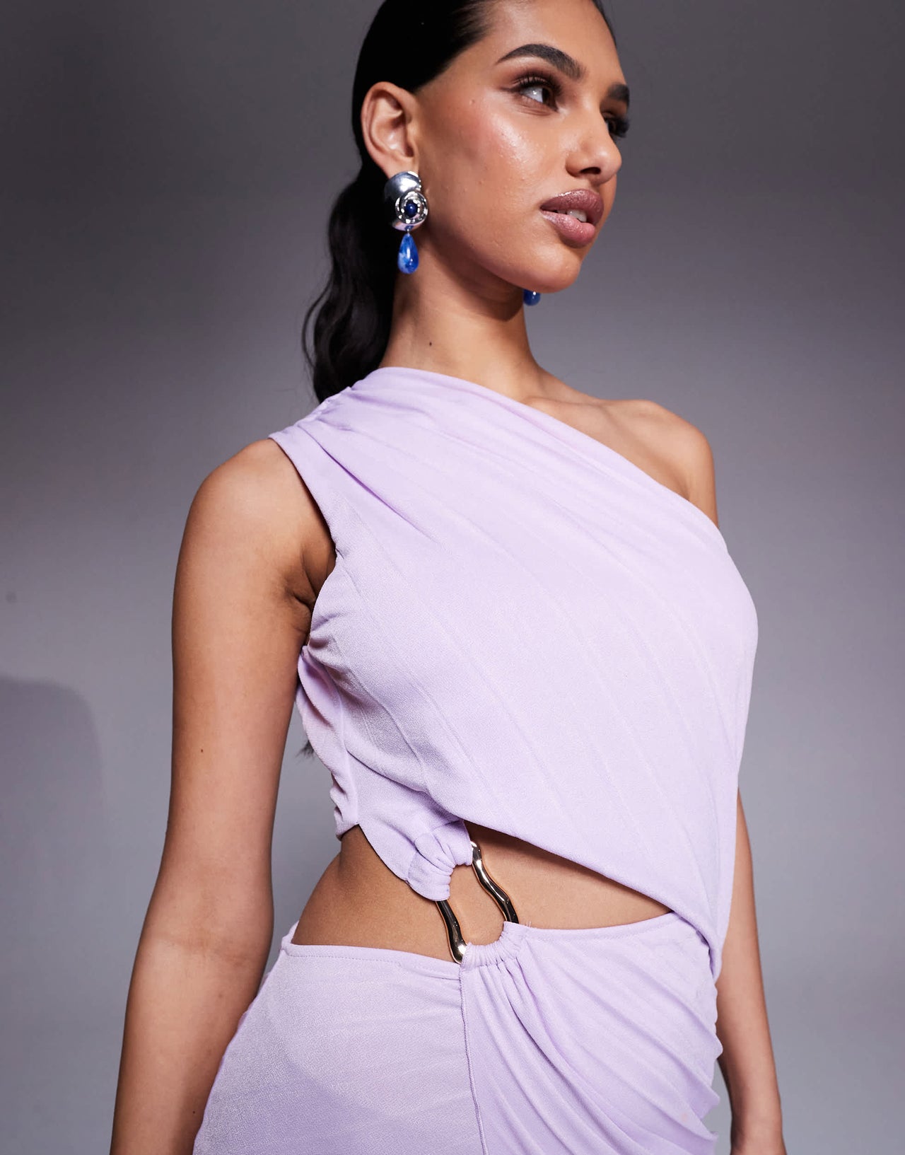 ASOS DESIGN pleated maxi dress with asymmetric one shoulder and twist skirt in lilac