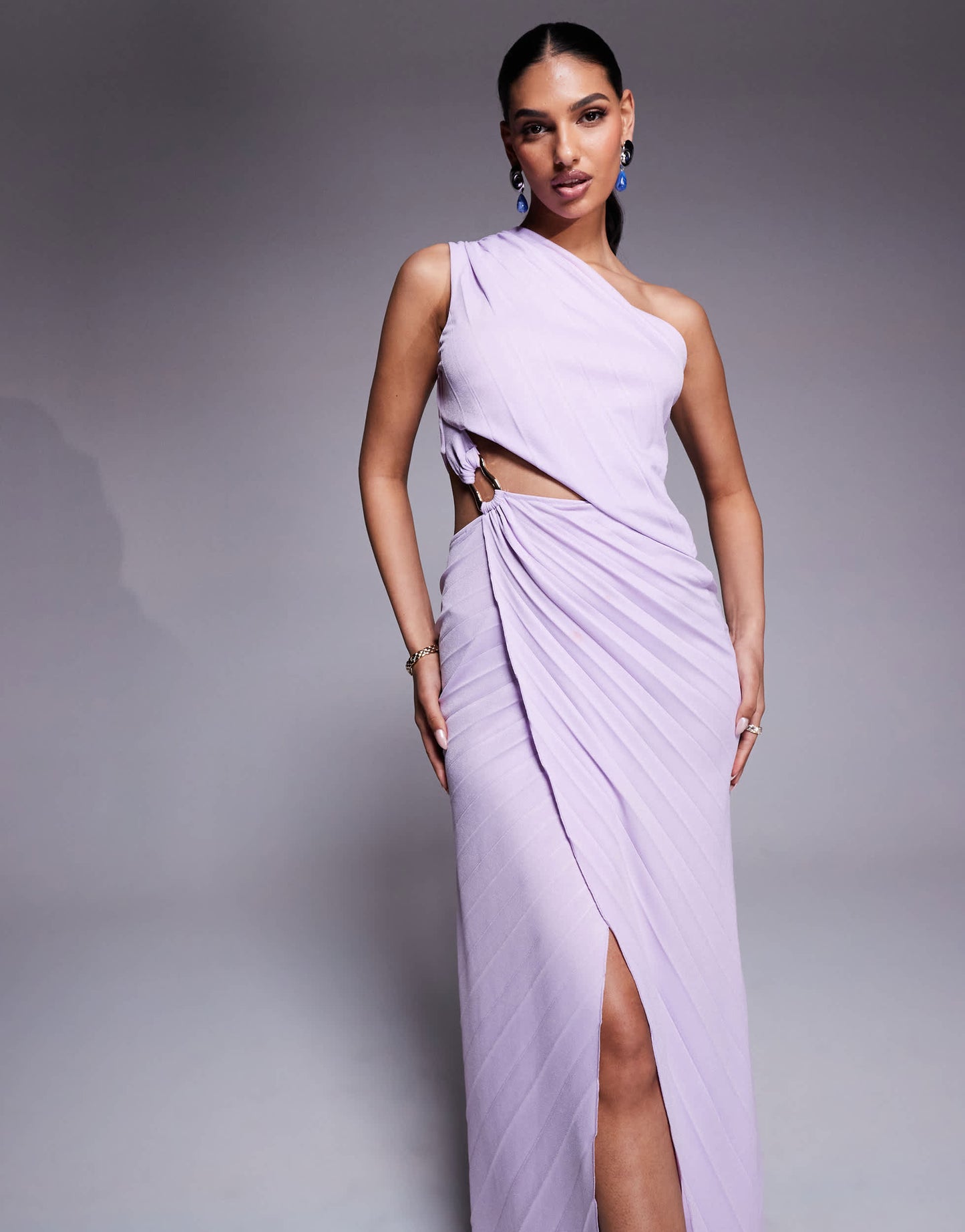 ASOS DESIGN pleated maxi dress with asymmetric one shoulder and twist skirt in lilac